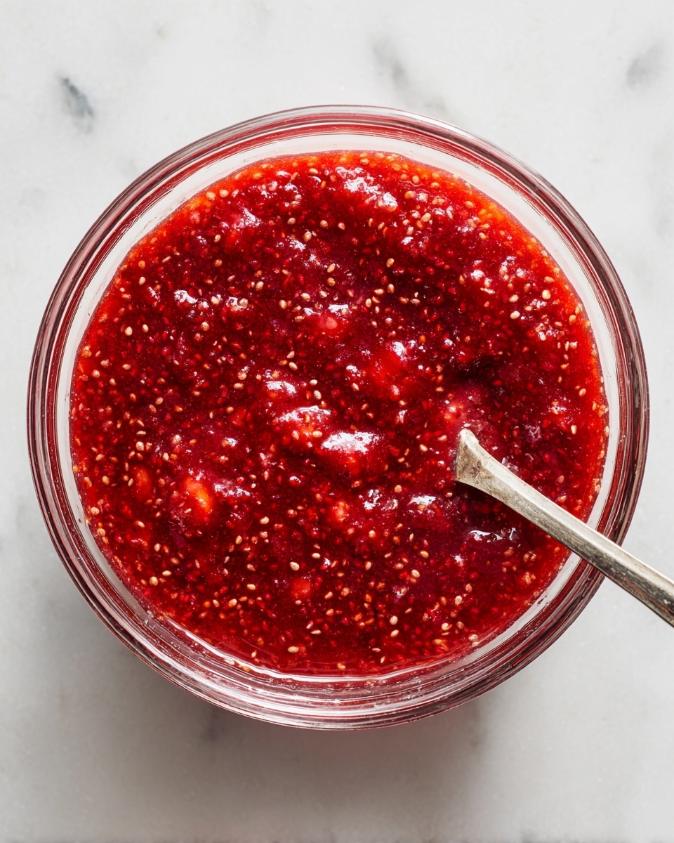 A clear glass bowl filled with a thick, chunky red mixture that includes small seeds, likely a chia and strawberry blend, with a metallic spoon resting inside. The mixture has a glossy, wet texture with visible bits of strawberries and seeds spread throughout. The bowl sits on a white marbled surface, and no other objects are in the frame. photo taken with an iphone --ar 4:5 --v 7