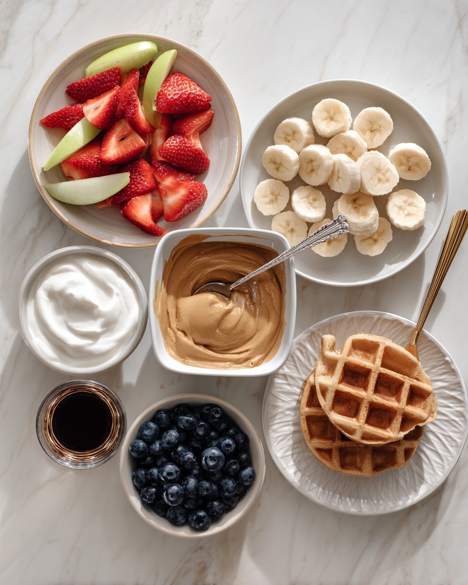 A table with six bowls and plates arranged on a white marbled surface holds various breakfast items. At the center is a white square bowl filled with smooth, light brown peanut butter with a silver spoon inside. Above it to the right is a white round plate holding neatly sliced round banana pieces. To the left of the banana plate is another white round plate piled with fresh red strawberries sliced lengthwise mixed with green apple slices. Below the peanut butter bowl on the left is a white square bowl filled with thick white yogurt. At the bottom center is a small round bowl filled with dark blue fresh blueberries. On the bottom right, resting on the white marbled surface, is a white plate with a golden brown waffle. A small glass container with dark syrup is placed at the bottom left corner. photo taken with an iphone --ar 4:5 --v 7