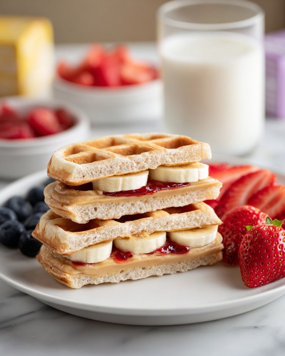A white plate on a white marbled surface holds two halves of a waffle sandwich, each showing three layers inside: a light beige peanut butter layer at the bottom, a golden banana slice layer in the middle, and a bright red strawberry jam layer on top, all inside a pale golden waffle with square patterns. Behind the sandwich, there is a row of round dark blue blueberries and sliced strawberries with a bright red color. In the background, there is a clear glass of milk and blurred small white bowls with red fruit pieces and light brown chunks, along with a mostly yellow colorful box. Photo taken with an iphone --ar 4:5 --v 7