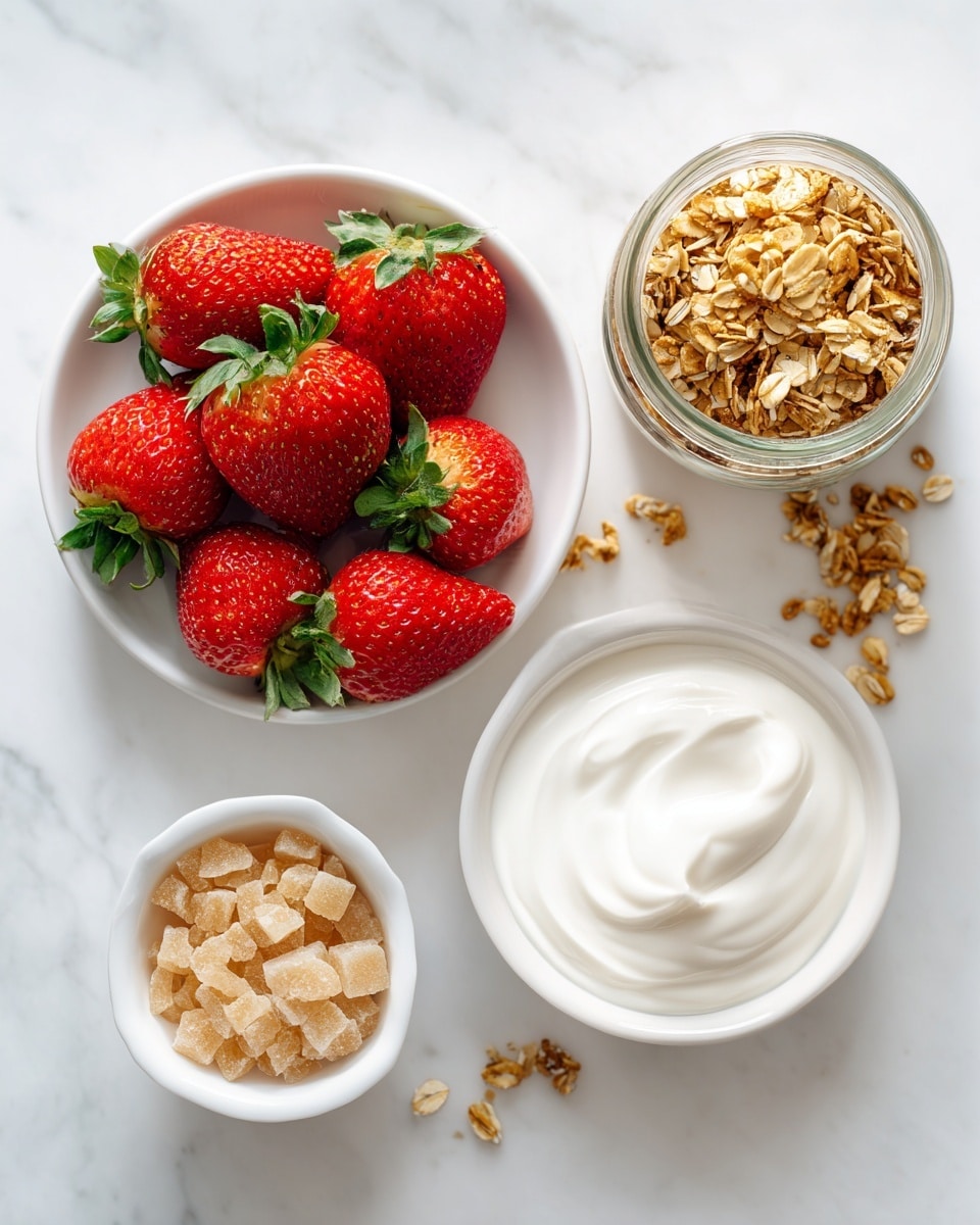 The image shows four separate white dishes arranged on a white marbled surface. The largest dish holds bright red strawberries with green leaves, clustered in the center and showing smooth, slightly shiny skin textures. To the top right, a glass jar is filled up near the brim with golden-brown granola, showing various oat flakes and nut pieces. Below the jar, a smaller white bowl contains thick, white yogurt with soft swirls and a creamy texture. To the top left side, a small white ramekin holds light brown raw sugar crystals, coarse and uneven in size. A few scattered granola pieces are lightly placed near the jar. The composition is bright and clean, focusing on the fresh colors and textures of the ingredients. photo taken with an iphone --ar 4:5 --v 7