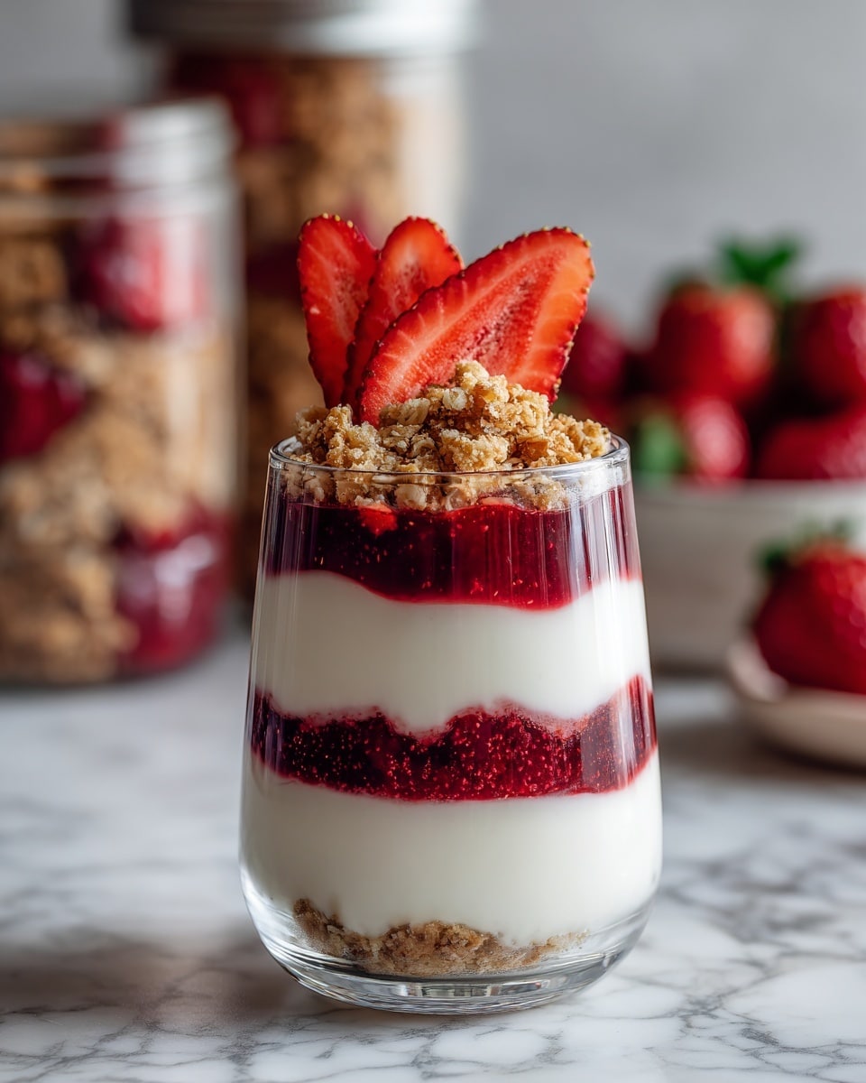A clear glass filled with three layers: the bottom layer is creamy white yogurt, the middle layer is a thick, dark red strawberry jam with visible seeds, and the top layer is creamy white yogurt again. On top of the yogurt sits a small heap of light brown granola with crunchy texture. Two fresh, bright red strawberry slices lean against each other on top of the granola. The glass is set on a white marbled surface, and in the background, there are blurred glass jars filled with the same dessert and some whole strawberries. photo taken with an iphone --ar 4:5 --v 7