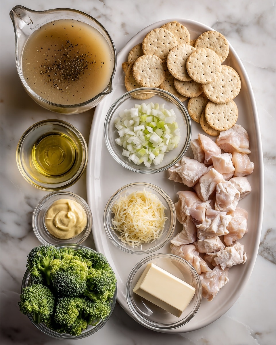 A white oval plate holds raw pieces of chicken seasoned with black pepper on a white marbled surface, surrounded by small clear glass bowls layered in two rows; in the top row, there is light brown broth in a measuring cup, white creamy liquid in another measuring cup, and a pile of round salted crackers arranged side by side. The bottom row features finely chopped white onions in a bowl, chopped green celery in another bowl, light grated cheddar cheese, and pale grated parmesan cheese. Below them sits a small bowl of light beige mustard and a stick of butter wrapped in cream paper, next to a bowl full of deep green broccoli florets and a clear small bowl of light golden oil. Photo taken with an iphone --ar 4:5 --v 7