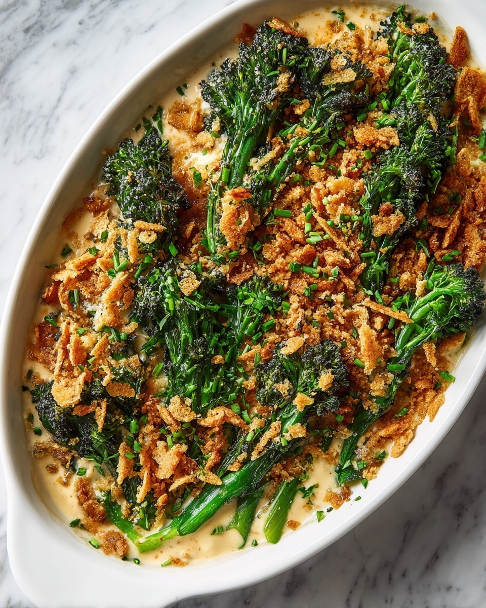The dish is served in a white oval dish placed on a white marbled surface. It has a base layer of thick brownish cream sauce, topped with roasted dark green broccoli florets that peek through a crunchy golden brown cracker crumb topping. The crumb layer is uneven with larger and smaller crispy pieces scattered all over, mixed with small bits of fresh chopped green herbs sprinkled for color contrast. The surface looks textured, crispy, and inviting. photo taken with an iphone --ar 4:5 --v 7