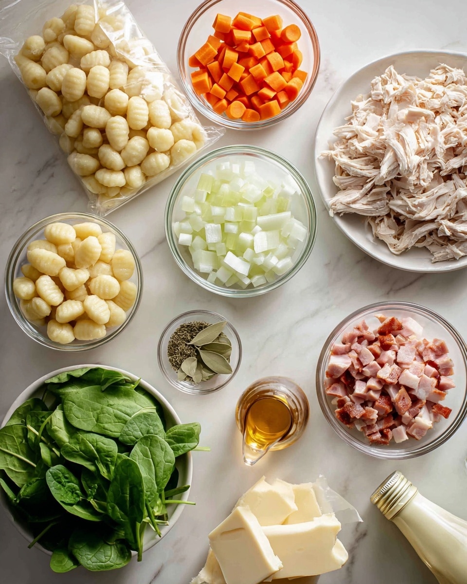 This image shows many ingredients arranged neatly on a white marbled surface. At the center, there is a clear plastic bag of light yellow gnocchi. Around it, there are clear bowls with orange carrot pieces, pale diced celery, white diced onions, and pinkish cubes of bacon. A large white plate holds shredded light brown cooked chicken on the right side. Fresh green spinach leaves are scattered near the center bottom, along with a small glass bowl with green bay leaves and dried herbs. A bottle of light yellow cooking wine and a glass jug of amber-colored broth add warm tones, while a block of butter with a few slices cut rests near the bottom. In the lower right corner, a bottle of light yellow cream lies horizontally, all set on the bright white marbled surface photo taken with an iphone --ar 4:5 --v 7