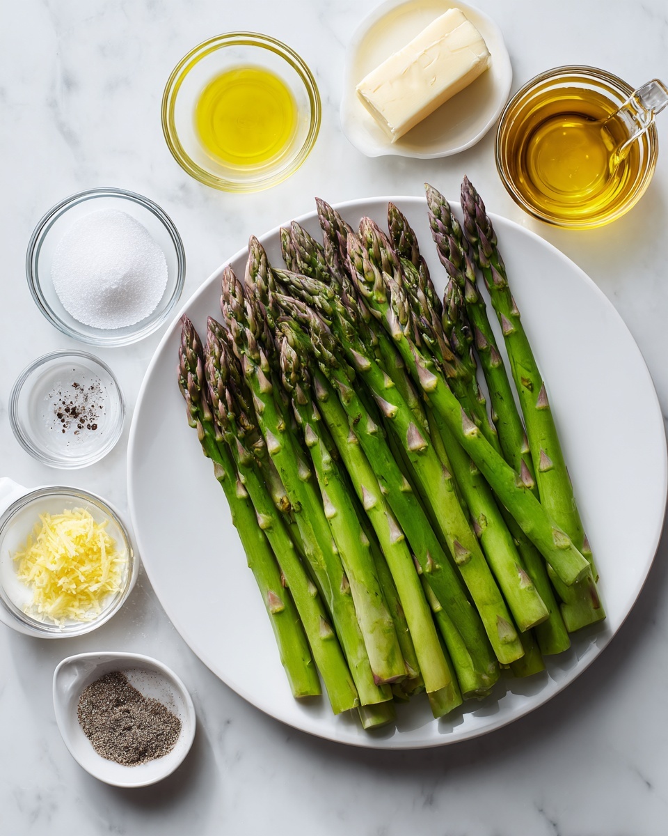 A white plate is filled with a layer of fresh green asparagus spears arranged side by side, showing their smooth and slightly shiny texture with purple-tipped ends. To the left of the plate on a white marbled surface, six small glass bowls and two measuring cups hold various ingredients: coarse salt, lemon juice, black pepper, softened butter, olive oil, and finely grated lemon zest, all neatly placed in a line. The overall setting is clean and bright, highlighting the fresh ingredients and their natural colors. Photo taken with an iphone --ar 4:5 --v 7