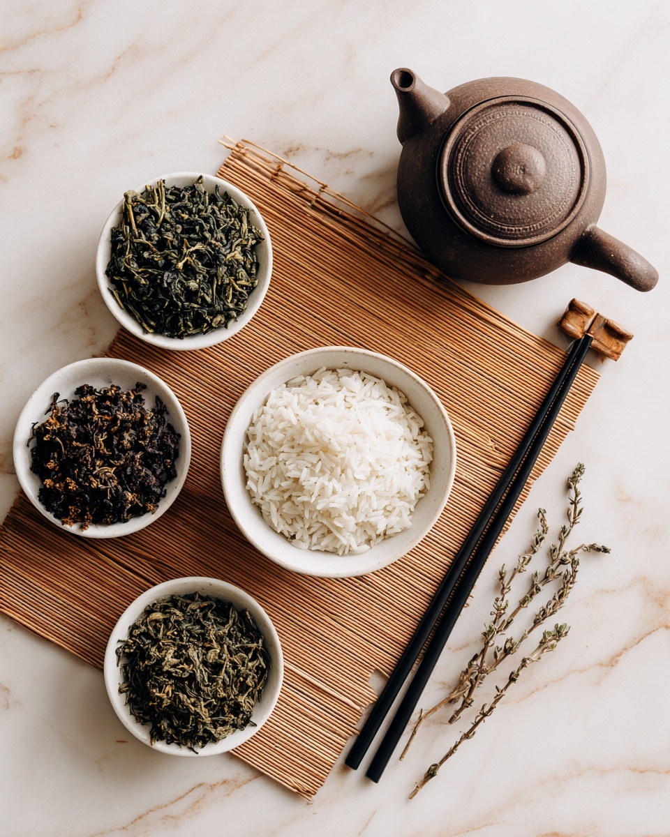 In the image, there is a white bowl of cooked white rice placed centrally on a light brown wooden mat. Around it, four small white bowls are arranged, each containing different types of dried tea leaves with varied textures and dark green to brown colors. On the right side of the rice bowl, black chopsticks rest on the wooden mat, and a small brown teapot is placed near the top right corner. The entire setup is on a smooth white marbled surface, creating a clean and simple look. photo taken with an iphone --ar 4:5 --v 7