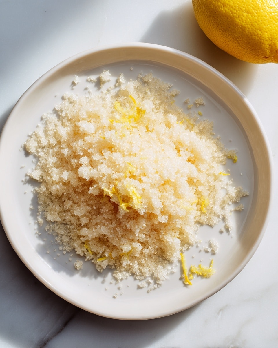 A close-up image shows a white plate filled with a loose, grainy mixture of white sugar and pale yellow lemon zest spread unevenly, creating a lightly textured pile in the center of the plate. The plate rests on a white marbled surface and the bottom right corner of the image shows a whole bright yellow lemon. The lighting is soft and natural, highlighting the granular texture of the sugar and zest on the plate. Photo taken with an iphone --ar 4:5 --v 7