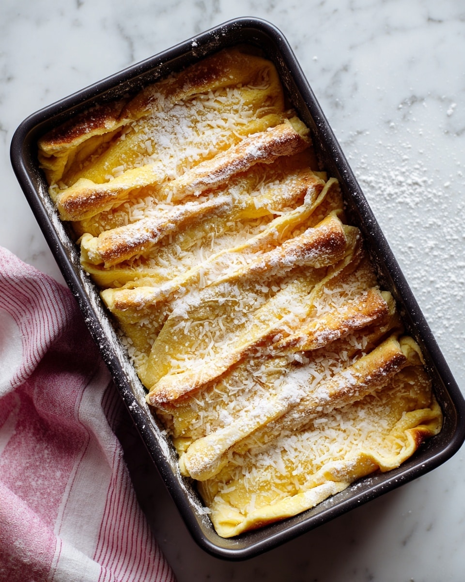 A tall, narrow black baking pan is filled with loosely layered dough pieces that are folded and stacked vertically. The dough is yellow with a soft texture, sprinkled generously with white grated cheese and granulated sugar throughout. The layers have uneven edges and some parts show a light dusting of flour. The baking pan sits on a white marbled surface with a small section of a pink and white striped cloth visible to the left. Photo taken with an iphone --ar 4:5 --v 7