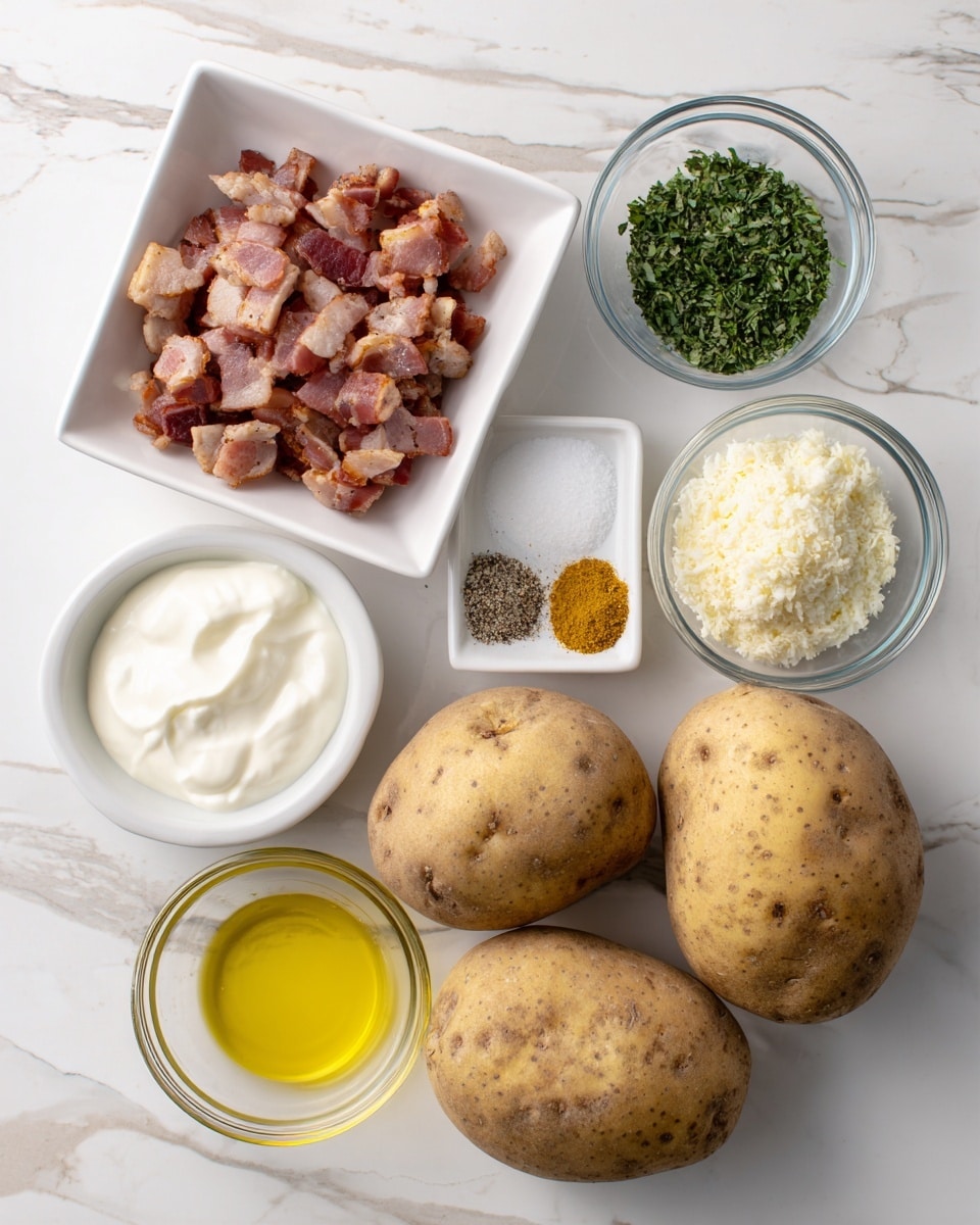 The image shows four large brown potatoes with rough skin placed on a white marbled surface in the bottom right. Above the potatoes is a white square dish filled with small pieces of cooked bacon, showing a mix of pink and dark brown shades. To the left of the bacon is a small round glass bowl filled with thick white sour cream. Below the sour cream bowl is a small round glass bowl with light golden yellow oil. To the right of the oil bowl is another small round glass bowl containing pale crumbly contents, likely grated cheese. Above it, closer to the center, is a white square dish with three piles of spices: a large white pile (salt), black specks (pepper), and a golden-yellow pile (garlic powder). On the top right is another small round glass bowl filled with bright green chopped herbs. The whole setup is neat, easy to see, and placed on a clean white marbled background. Photo taken with an iphone --ar 4:5 --v 7