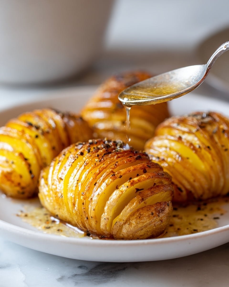 The image shows a close-up of several golden brown roasted hasselback potatoes with thin, evenly sliced layers fanning out on a white plate. The potatoes have a slightly crispy skin with specks of black pepper and seasoning visible. A silver spoon is drizzling a shiny, oily sauce over the nearest potato, creating a glossy coating. The background is softly blurred with a white marbled surface under the plate, highlighting the rich textures and warm colors of the potatoes. photo taken with an iphone --ar 4:5 --v 7