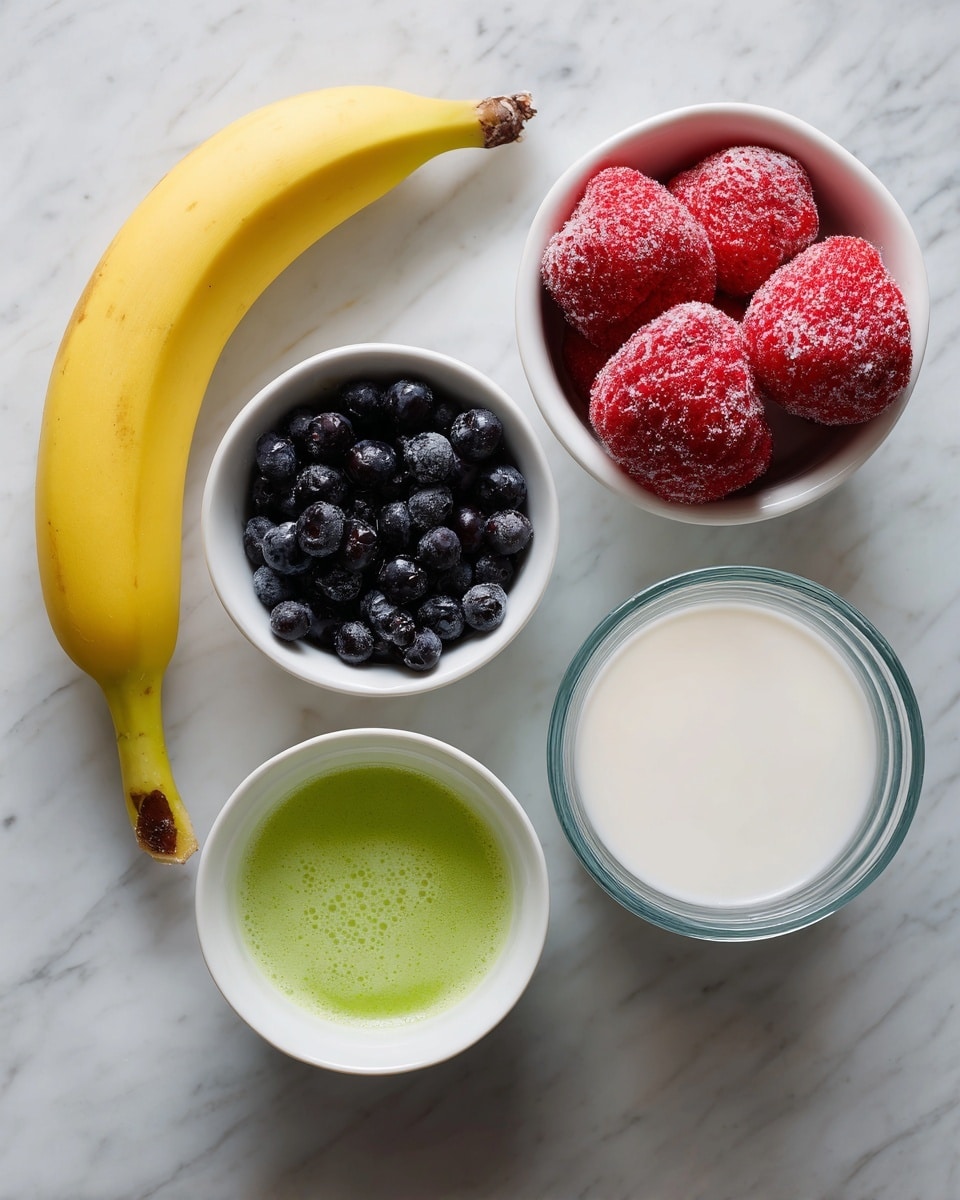 A yellow banana placed horizontally on a white marbled surface, with two small white bowls below it, one filled with small black blueberries and the other filled with three large bright red frozen strawberries covered in frost. Below these bowls, there is a white bowl filled with green liquid on the left and a clear glass container filled with white milk on the right. The image is clean and bright with a minimal look, photo taken with an iphone --ar 4:5 --v 7