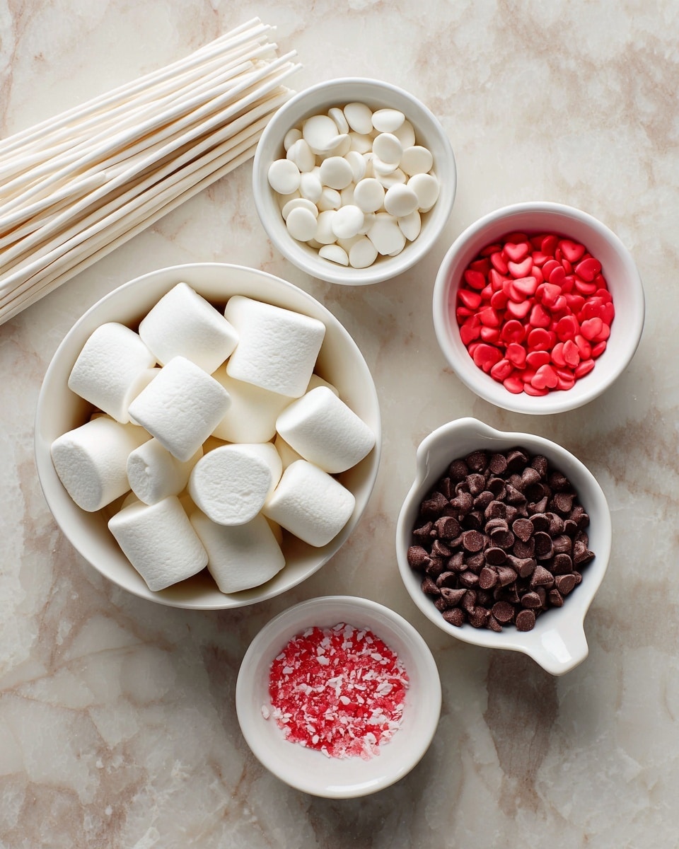 A white marbled surface holds several white bowls and a bundle of white sticks. The bottom left bowl is filled with large, soft white marshmallows, smooth and plump. Above it, a smaller white bowl contains white flat round candies with a shiny texture. To the right, another small white bowl is filled with red flat round candies, similar in size and texture to the white ones. At the top right, a small white bowl holds small, bright red heart-shaped sprinkles. At the bottom right, a white bowl with a small spout is full of dark brown chocolate chips with a matte finish. A neat bundle of white sticks lies on the marbled surface near the top left. photo taken with an iphone --ar 4:5 --v 7