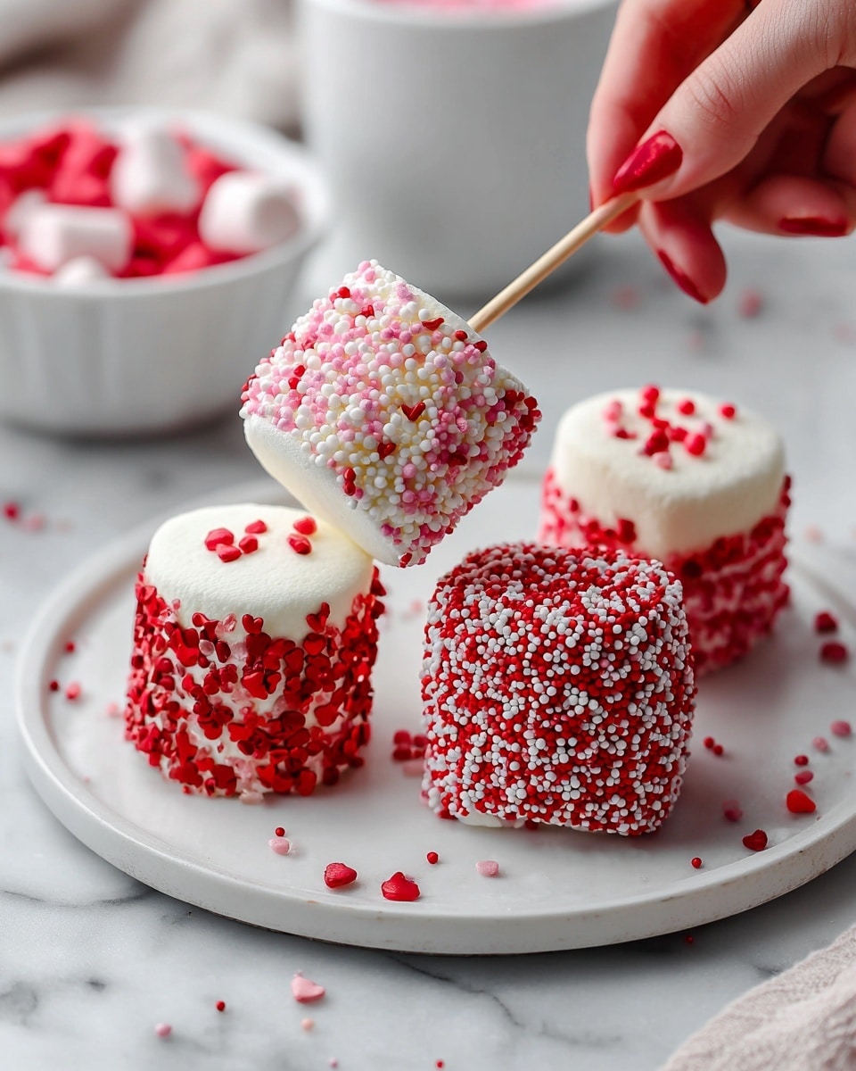 The image shows three marshmallows on red sticks, each covered with different layers of white and red sprinkles. The first marshmallow is coated fully in white with pink and red small sprinkles. The second marshmallow has a bottom half covered in red sprinkles, while the top half is white with scattered red sprinkles. The third marshmallow is completely covered in dense red and white sprinkles. All three marshmallows are placed on a white round plate against a white marbled surface. In the background, there is a white bowl filled with more red and white sprinkles. A woman's hand holds the red stick of one marshmallow. photo taken with an iphone --ar 4:5 --v 7