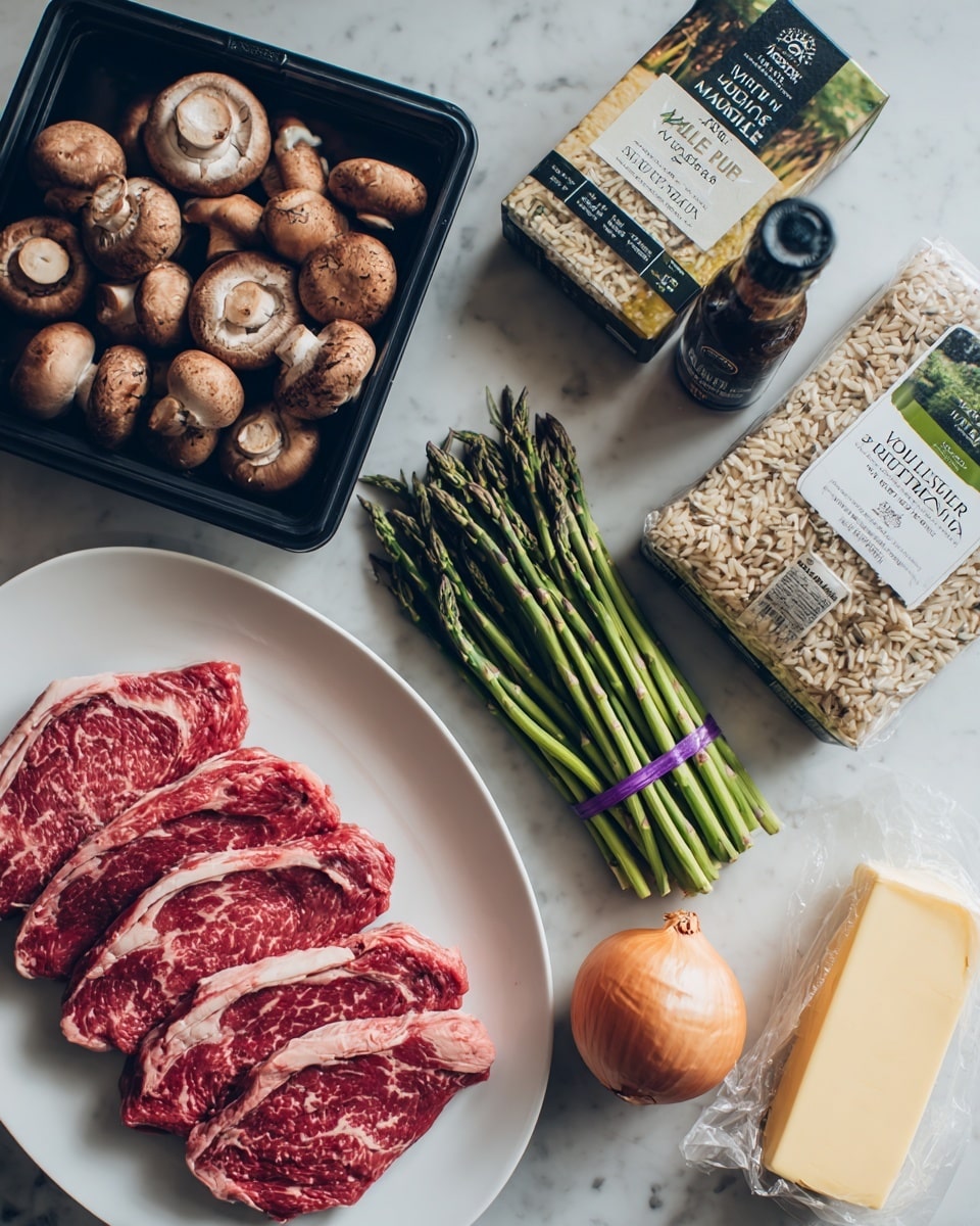 The image shows raw steak slices with red and white marbling on a white plate at the bottom left. Above the plate is a black plastic tray filled with whole brown mushrooms. To the right of the mushrooms, there are two boxes of rice mix, one labeled wild mushroom with beige and green colors, and the other labeled long grain and wild rice with green and red. In the center stands a dark brown bottle of Worcestershire sauce. Next to it on the right is a bunch of green asparagus spears held with a purple rubber band. A peeled half of a pale yellow onion is placed near the right edge. At the bottom right corner is a wrapped block of pale yellow butter. All items rest on a white marbled surface, photo taken with an iphone --ar 4:5 --v 7