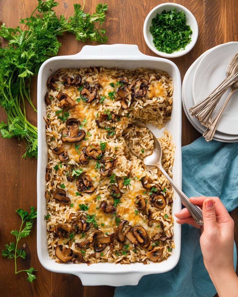 A white rectangular baking dish filled with a mushroom rice casserole that has a browned, slightly crispy top layer mixed with melted shredded cheese and slices of cooked mushrooms scattered evenly throughout; the inside shows moist, fluffy cooked rice mixed with mushrooms and sauce, being scooped by a spoon held in a woman's hand from the upper right corner, with some steam rising from the dish. The dish rests on a wooden table with chopped parsley in a small white bowl above and fresh parsley sprigs below, alongside a stack of two white plates with four metal forks on the bottom right. A light blue cloth is partially visible on the right side photo taken with an iphone --ar 4:5 --v 7