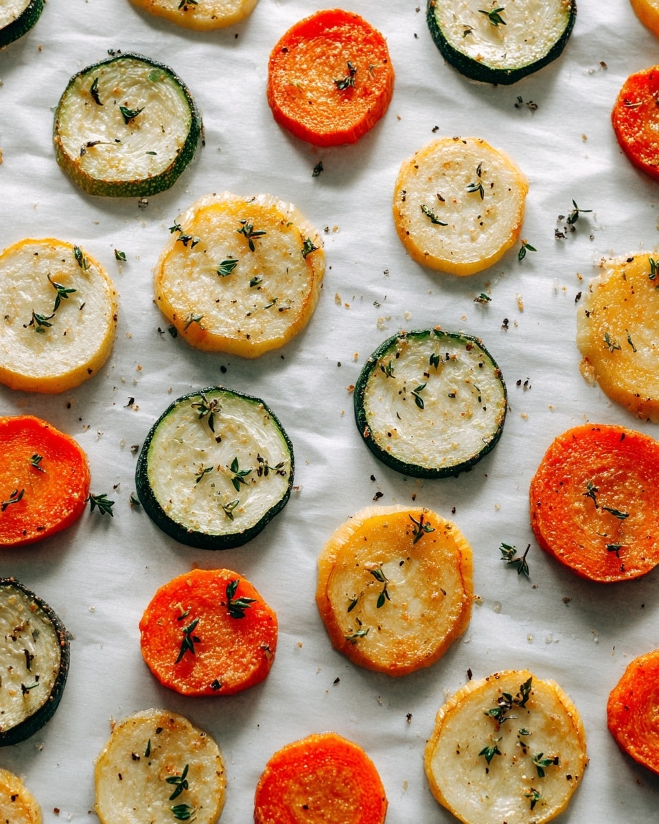 The image shows a single layer of roasted vegetable slices placed on white parchment paper over a tray, arranged randomly but leaving space between each slice. The slices include round, pale yellow zucchini with light green edges and round, bright orange carrots, both showing subtle browning and small herbs sprinkled over them, giving a textured look. The background surface is a white marbled texture. photo taken with an iphone --ar 4:5 --v 7