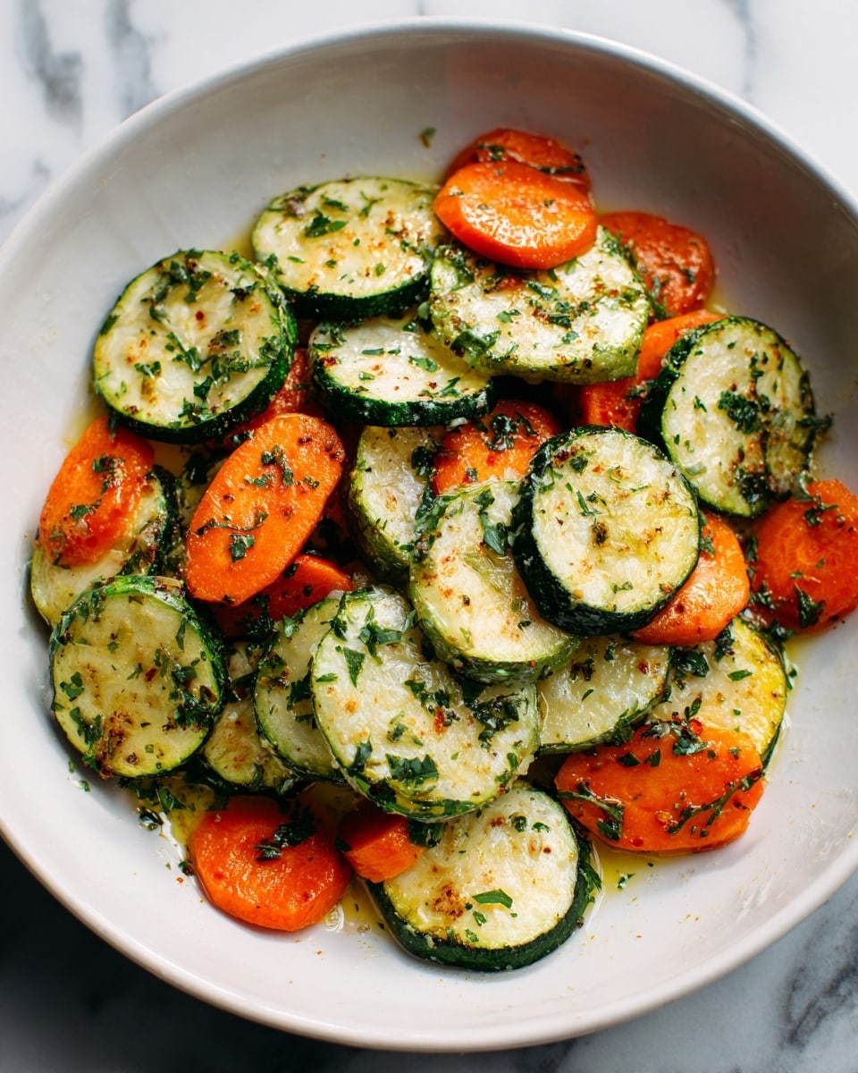 The image shows a close-up of a dish of cooked vegetables arranged in one layer on a white plate. The main items are round slices of zucchini with green skin and white, slightly browned flesh, interspersed with bright orange, cooked carrot slices that have a soft texture. The vegetables appear slightly glossy as if lightly brushed with oil and have small specks of herbs sprinkled on them. The background is a white marbled surface. photo taken with an iphone --ar 4:5 --v 7