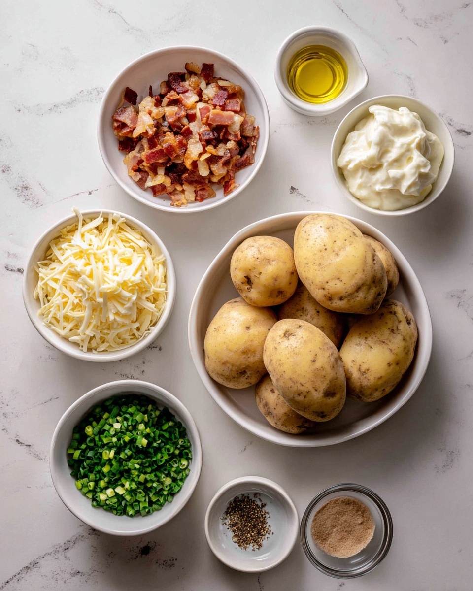 The image shows an overhead view of raw ingredients for a dish arranged on a white marbled surface. There are three medium-sized whole potatoes with a rough light brown skin placed in the center. A white bowl filled with cooked, chopped bacon pieces is placed near the top left. To the right of the bacon, another white bowl holds a thick white creamy ingredient. Below the potatoes and to the left, a bowl contains finely grated pale yellow cheese. Two smaller white bowls hold chopped green chives and a mix of salt and black pepper, respectively. A small clear glass container with golden olive oil is near the right side. A very small white bowl contains a small amount of a light brown powder. The colors are natural and muted, with the different ingredients clearly visible. Photo taken with an iphone --ar 4:5 --v 7