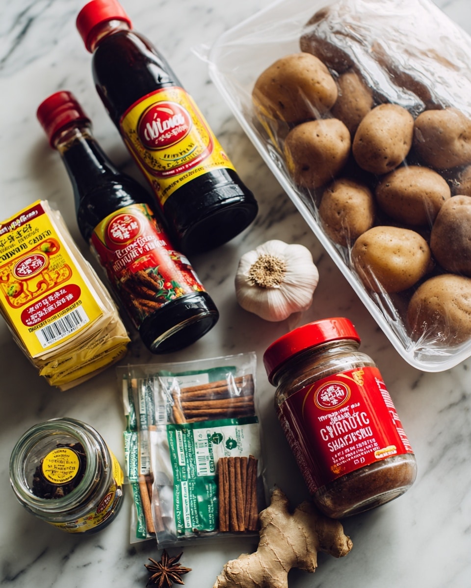On a white marbled surface, there are several cooking ingredients arranged closely together. At the back, there is a bottle of sweet soy sauce with a red and yellow label and a brown bottle with a red logo and white text. On the right side, a clear plastic bag holds brown potatoes resting in a white tray, and on the front right side is a jar with a red lid and a red label that reads char siu sauce. In the middle front area, there are two spice packets with green and white packaging, one containing cinnamon quills and the other cardamom pods. A whole bulb of garlic and a small piece of ginger root rest in between the spice packets and the jars. A smaller jar with a green lid and a yellow label, containing star anise, is placed in the lower left corner. The items are grouped in a way that shows a mix of fresh and packaged cooking ingredients photo taken with an iphone --ar 4:5 --v 7