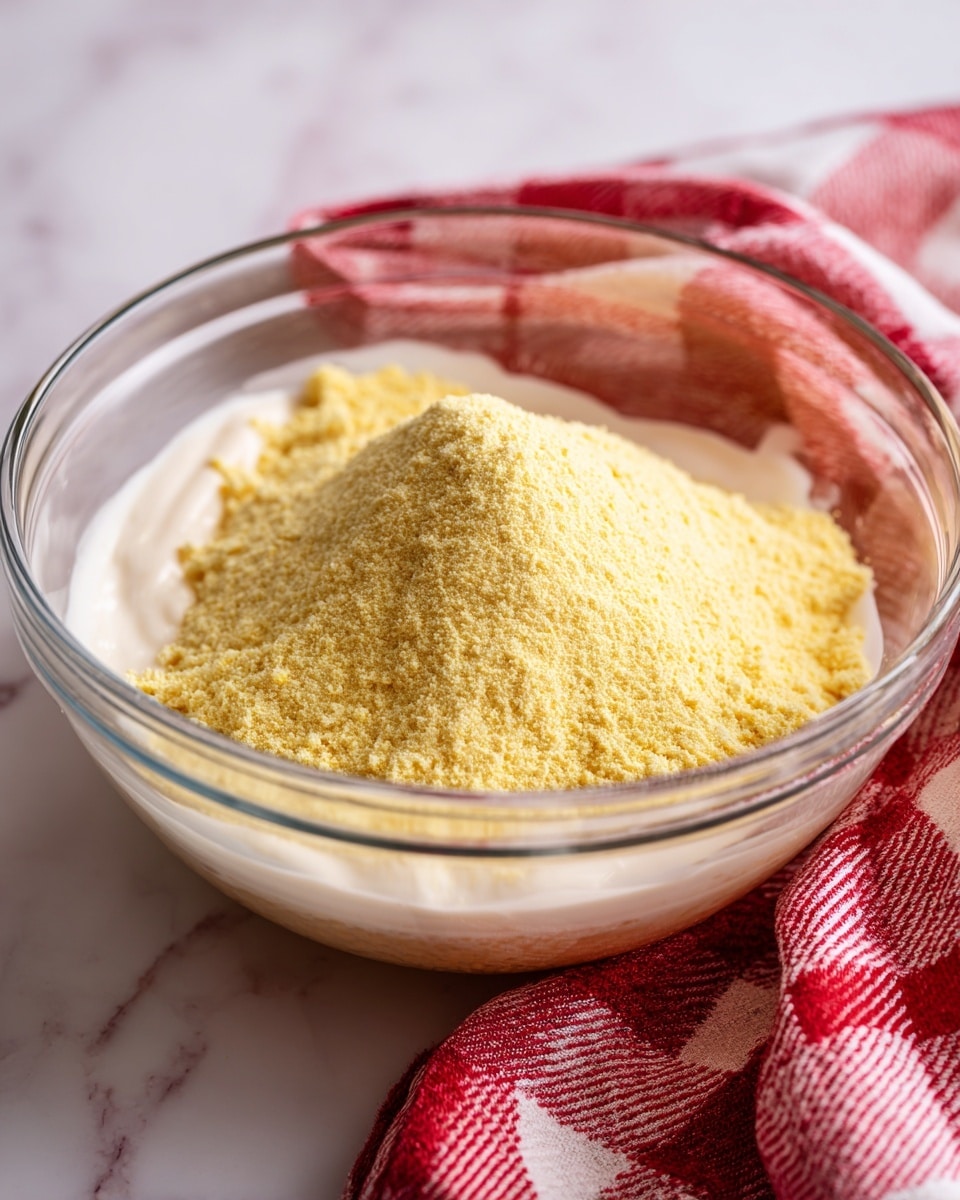 The image shows a clear glass bowl filled with three visible layers. The bottom layer consists of yellow corn kernels mixed with a thick white creamy substance. On top of that, there is a large mound of yellow cornmeal or cornflour, dry and powdery in texture, sitting in the center of the bowl. Part of a red and white checked cloth is visible in the background, resting on a white marbled surface. photo taken with an iphone --ar 4:5 --v 7