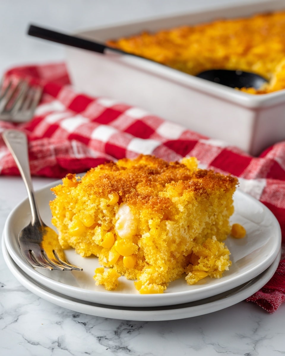 A serving of corn casserole sits on a shiny white plate, with a golden brown crust on top that looks slightly crispy and uneven. The casserole has visible pieces of yellow corn kernels mixed throughout a soft, moist yellow base beneath the crust, with some melted white cheese peeking through the middle layer. The texture looks thick and chunky with some loose crumbs around the edges. The plate is placed on a white marbled textured surface, next to a red and white checkered cloth and two shiny forks. In the background, a baking dish containing the rest of the casserole is seen with a black serving spoon inside. Photo taken with an iphone --ar 4:5 --v 7