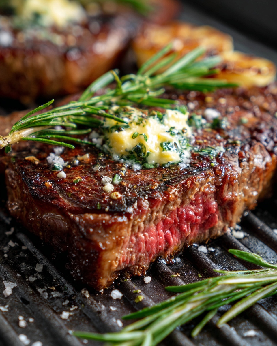 A close-up of a thick steak shows one large piece with a browned, slightly crispy outer layer and a juicy, pinkish-red center. A light layer of coarse salt and pepper flakes sits on top, along with a dollop of pale yellow melted butter sprinkled with herbs and pepper. Fresh green rosemary sprigs lay across the steak, and there are some golden brown, cooked garlic cloves in the background. The steak rests on a dark grill pan surface with grill marks visible and a white marbled texture under it. photo taken with an iphone --ar 4:5 --v 7