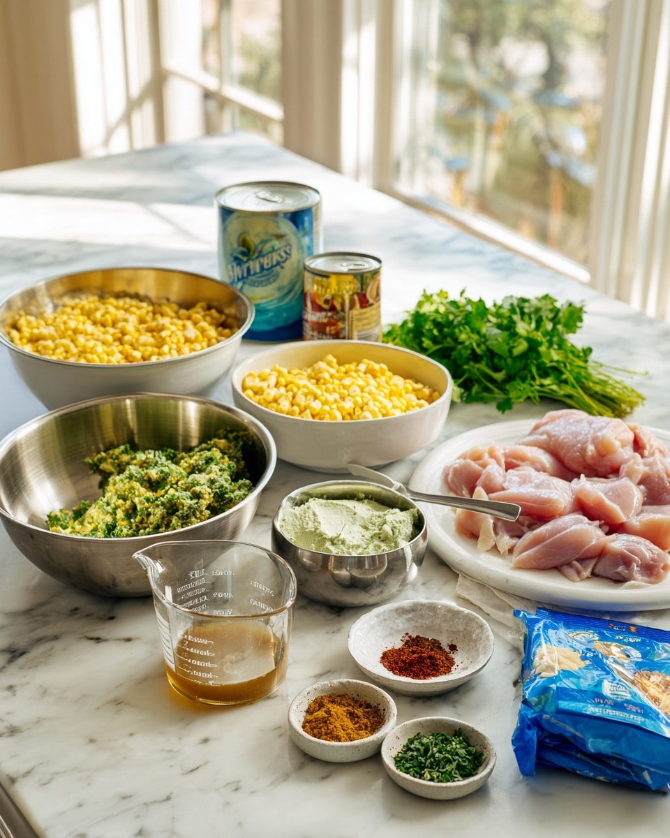 The image shows a kitchen counter with ingredients arranged in bowls and containers on a white marbled surface. There are two large white bowls filled with yellow corn and chopped green vegetables. A smaller silver bowl holds a green paste, and another silver bowl is filled with a creamy white mixture. Raw pink chicken pieces are placed next to a bunch of green herbs, and a can of soup stands behind them. A white round dish contains colorful spices including red, green, and brown powders. In the front is a clear measuring cup with light brown liquid and a blue package of biscuit dough. The scene is bright, clear, and organized with natural daylight coming from window panes in the background. Photo taken with an iphone --ar 4:5 --v 7