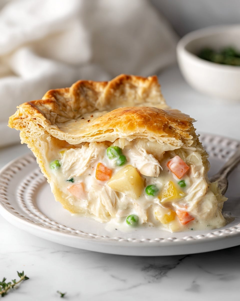 A single slice of chicken pot pie sits on a white plate with a dotted rim, placed on a white marbled surface. The pie has two layers of golden brown, flaky crust with a crimped edge on the top layer. Between the crust layers, the filling is thick and creamy with visible chunks of white chicken, small orange cubes of carrots, bright green peas, and pale yellow potato pieces. The top crust has a shiny, slightly crinkled texture from baking. The background is softly blurred with a white cloth and a white bowl containing herbs. Photo taken with an iphone --ar 4:5 --v 7