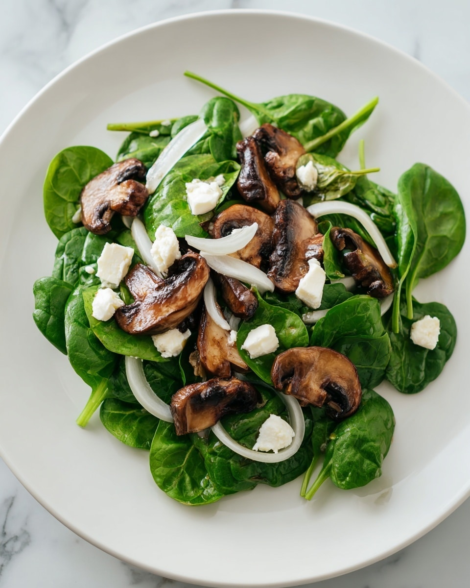 A white plate holds a fresh green bed of spinach leaves spread flat as the bottom layer. On top of the spinach, there is a mix of dark brown, sautéed mushroom slices, and thin cooked onion strips arranged evenly across the plate. Small white chunks of cheese are scattered on the mushrooms and spinach, adding a soft texture contrast. The whole dish sits on a white marbled surface, giving a clean and bright look to the setting. photo taken with an iphone --ar 4:5 --v 7