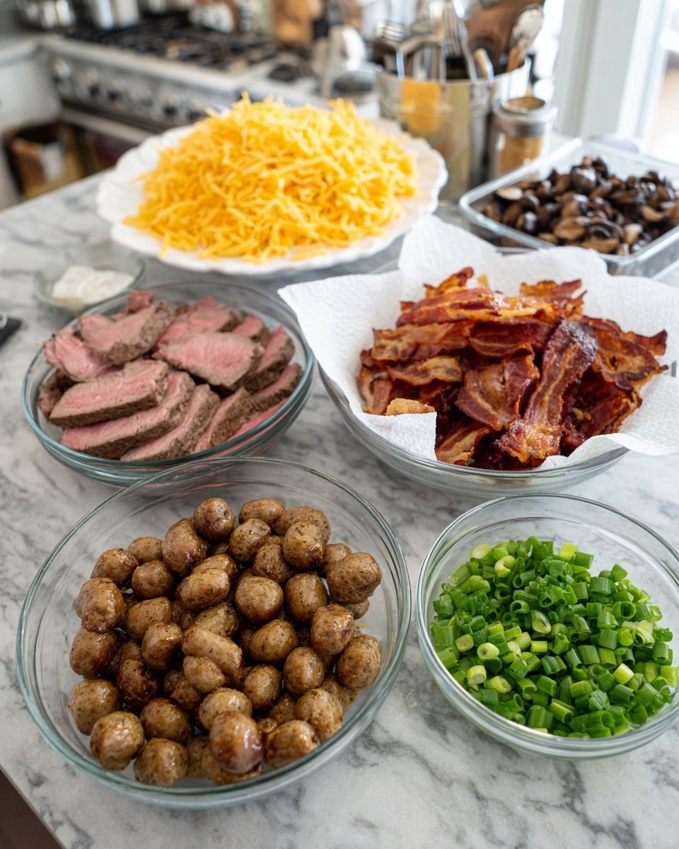 The image shows a layout of prepared food ingredients on a white marbled surface. In the bottom left, there is a large clear glass bowl filled with two types of cooked meats, one being sliced pinkish steak and the other small browned sausages, all with a grilled texture. To the right of this bowl is another clear glass bowl lined with paper towel holding crispy cooked bacon pieces, showcasing a reddish-brown color and crunchy texture. Above that, a white plate is heaped with shredded yellow cheese with a slightly oily shine. Towards the top center, there is a small clear glass bowl filled with bright green chopped scallions, and to the left of that, a small plastic container holds cooked mushrooms, dark brown with a glossy surface. The overall scene is set on a white marbled countertop with kitchen items blurred in the background. photo taken with an iphone --ar 4:5 --v 7