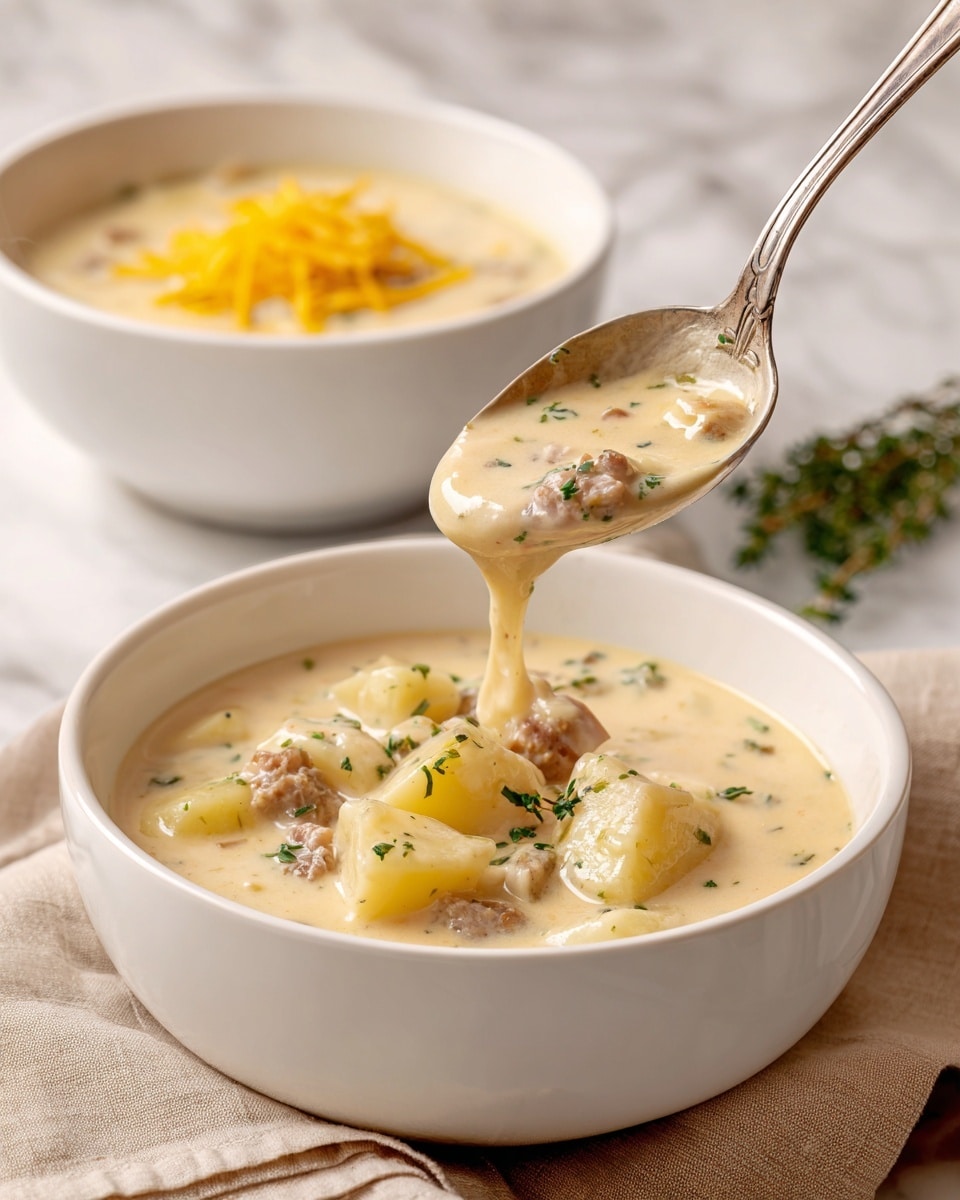 A ladle pours thick creamy soup into a white bowl, showing chunks of light yellow potatoes and small pieces of brown meat mixed in a light beige sauce with green herb specks. The soup looks smooth with a bit of texture from the potatoes and meat. In the background, there is another white bowl filled with the same soup topped with a little yellow shredded cheese, and some green herbs sit out of focus. The scene is set on a white marbled surface with a soft beige cloth partly under the bowl. Photo taken with an iphone --ar 4:5 --v 7