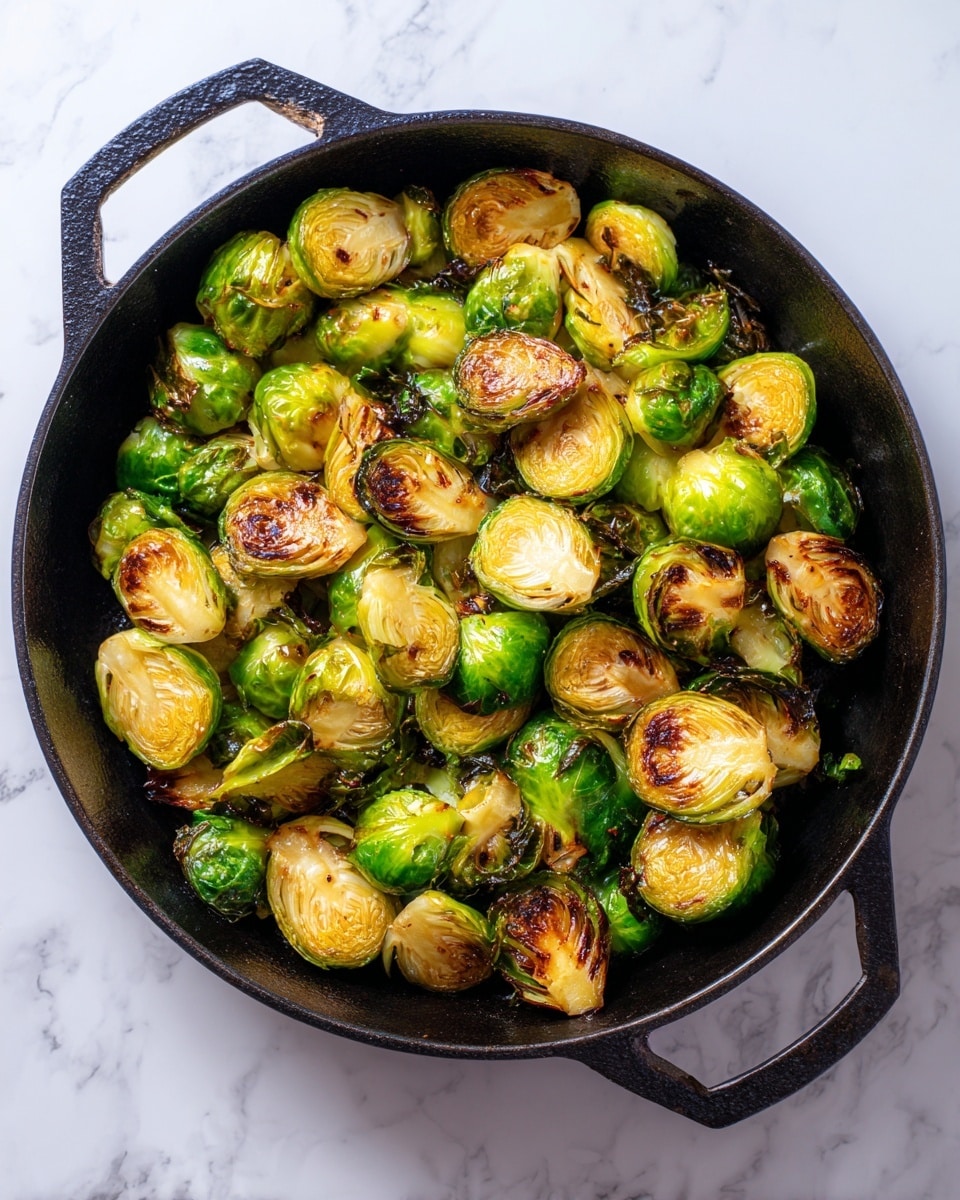 The image shows a cast iron pan filled with roasted Brussels sprouts. The sprouts are halved, with a mix of golden brown and bright green colors, some edges slightly crisp and caramelized. They are piled evenly, covering the entire pan surface. The texture looks tender on the inside with a crispy outside layer. The pan is placed on a white marbled surface, giving a clean and bright background. Photo taken with an iphone --ar 4:5 --v 7