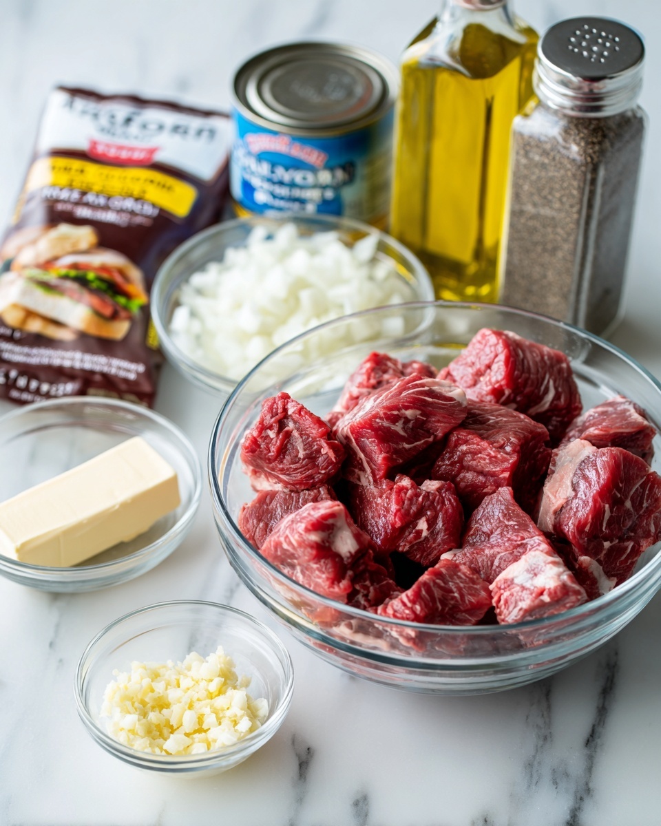 Clear glass bowl full of red and white marbled beef chunks is placed on a white marbled surface. Near the bowl, there is a white stick of butter with yellow markings on its wrapper. Above it, a small clear bowl holds minced garlic with a pale yellow color. Beside it, there is a package of dark brown McCormick Au Jus Gravy mix, featuring a sandwich with slices of beef and gravy on the packet. A clear bowl of chopped white onions is placed next to the package. Behind the bowl, a small bottle of golden yellow olive oil and two tall bottles of Kirkland Himalayan pink salt and black pepper stand upright on the white marbled surface. A tilted can of Swanson beef broth, mostly white and blue with red text, completes the group. Photo taken with an iphone --ar 4:5 --v 7