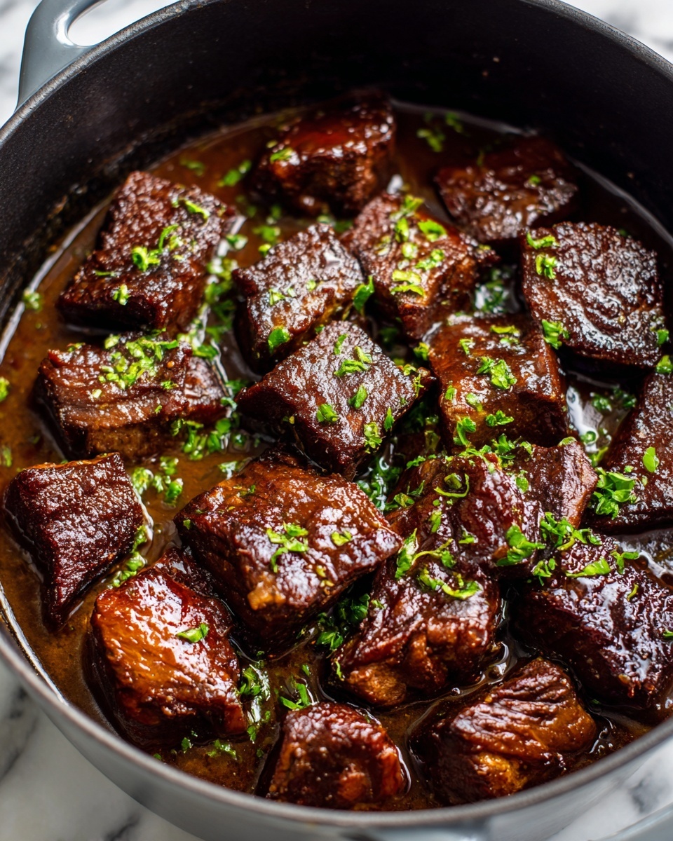 The image shows a black pot filled with many chunks of dark brown cooked meat, each piece with a slightly crispy outer layer and tender texture inside. The meat is surrounded by a thick, rich brown sauce that glistens under the light. Small pieces of green herbs are sprinkled evenly across the meat, adding contrast and a fresh look. The pot sits on a white marbled surface. photo taken with an iphone --ar 4:5 --v 7