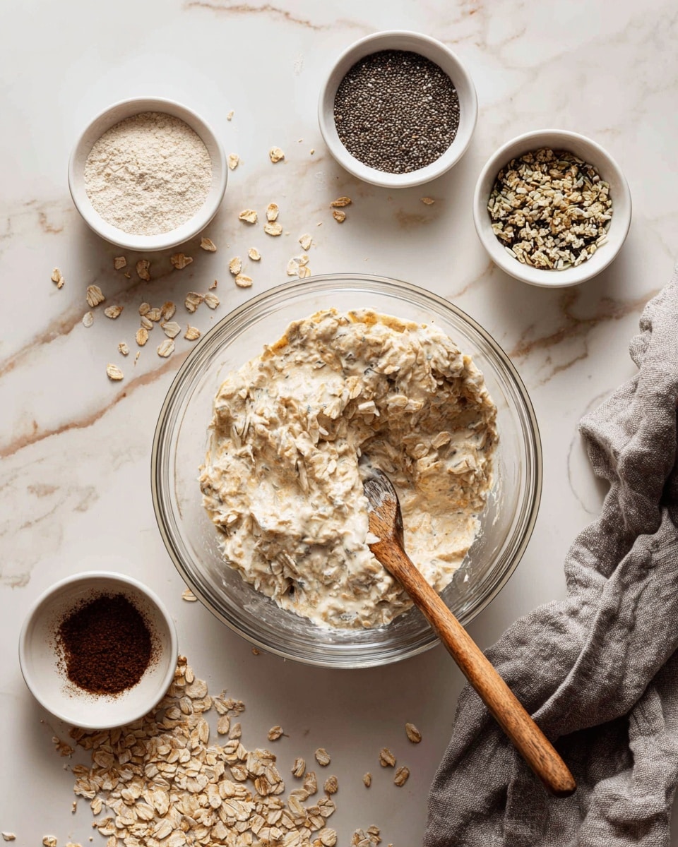 A clear glass bowl is filled with a thick, creamy mix of light beige oats and seeds, with a wooden spoon resting inside. Around the bowl are five small white bowls containing dry ingredients: light beige rolled oats in the bottom left, black chia seeds in the top left, light brown seeds on the top right, a mix of green and white seeds at the middle right, and a dark brown powder at the bottom left. Some scattered rolled oats spill onto the white marbled surface. A crumpled gray cloth lies beside the glass bowl. photo taken with an iphone --ar 4:5 --v 7
