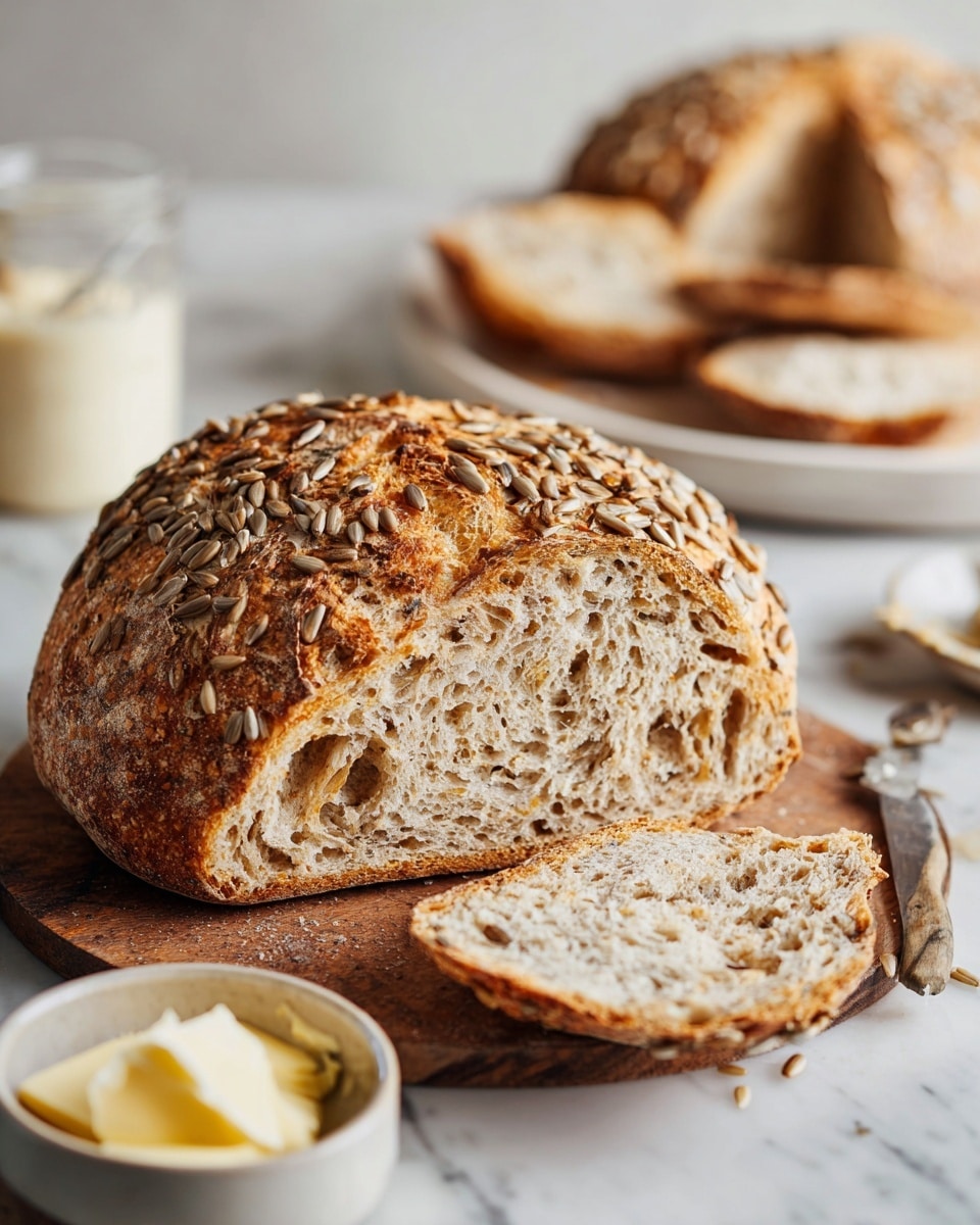 A loaf of rustic bread is shown sliced in half, with a rough, golden-brown crust dotted with toasted sunflower seeds on top. The inside crumb is light beige with a coarse and airy texture, speckled with seeds throughout. The bread sits on a wooden round board, placed on a white marbled surface. In the background, two slices of the same bread lie flat, and a white plate holds a slice spread with light butter. A small bowl with soft butter pats is in the near foreground, completing the warm, cozy setting. Photo taken with an iphone --ar 4:5 --v 7
