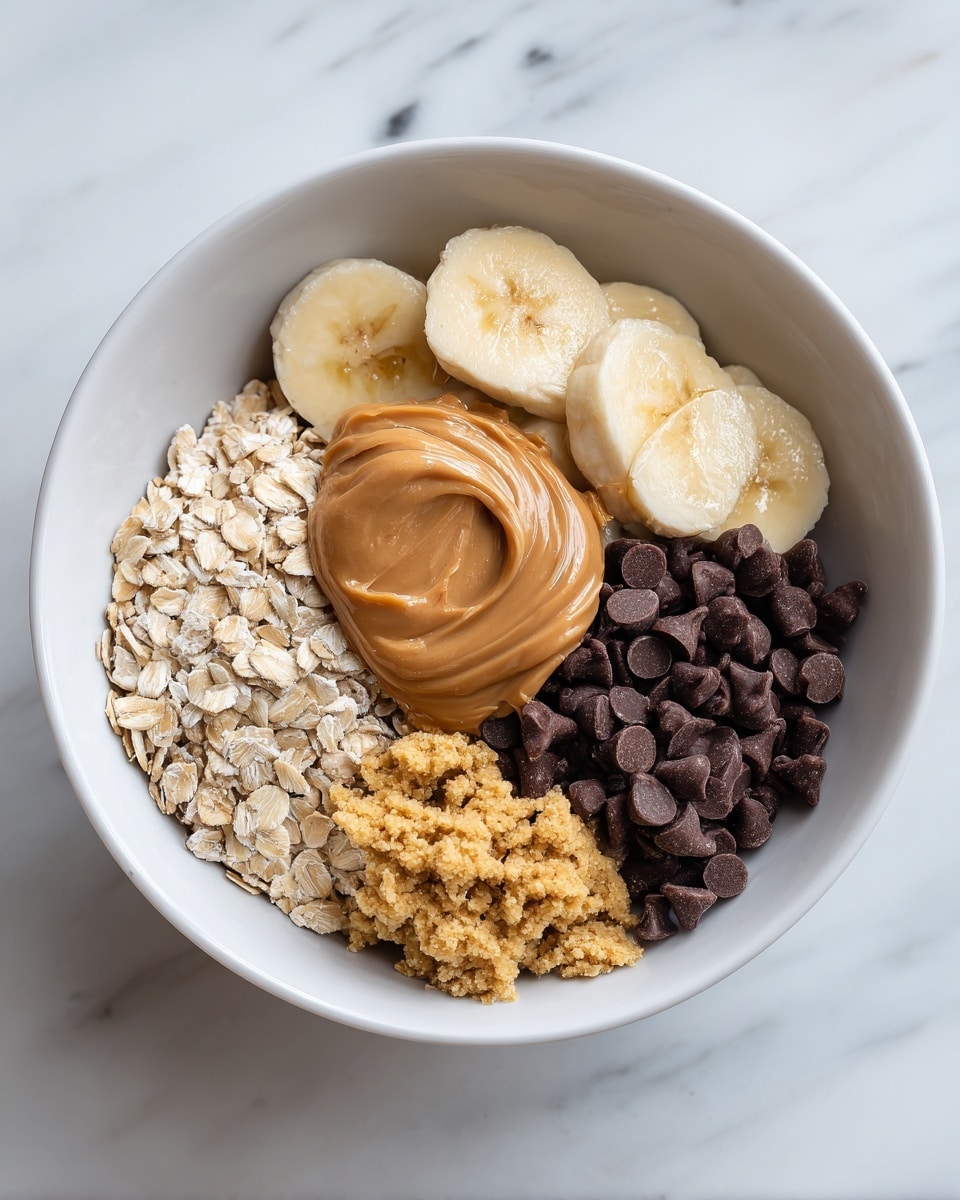 A white bowl is shown on a white marbled surface. Inside the bowl, the ingredients are placed in separate piles, filling roughly three quarters of the bowl. On the left side is a large pile of light beige rolled oats with a coarse texture. To the right of the oats is a small mound of mashed bright yellow bananas with a slightly soft texture. At the center, atop the mashed bananas, is a smooth dollop of light brown peanut butter. Below the peanut butter, there is a heap of shiny dark brown chocolate chips with a smooth surface. The right side of the bowl has some scattered bits of mashed banana. Photo taken with an iphone --ar 4:5 --v 7