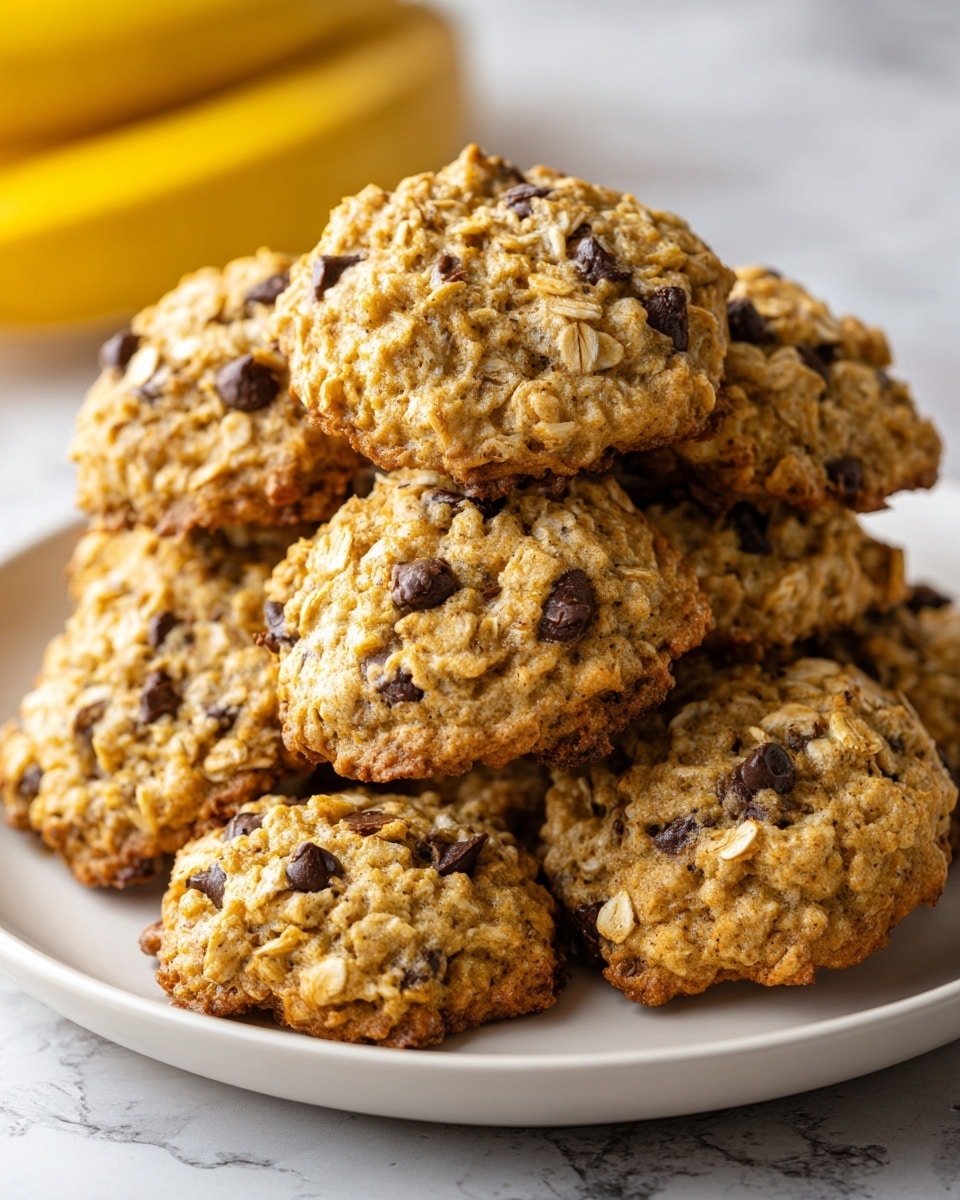A white plate holds a pile of round oatmeal cookies with small dark chocolate chips mixed in. The cookies are light golden brown with a rough, textured surface showing many whole oat flakes. The cookies are stacked in a loose pyramid shape, with some cookies at the base and one on top. The background has a white marbled texture, and a small section of a ripe banana is visible out of focus behind the plate. photo taken with an iphone --ar 4:5 --v 7