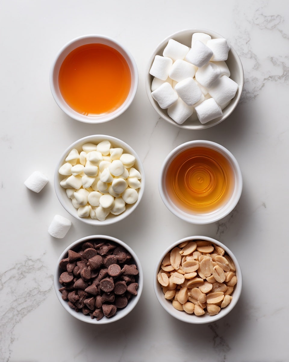 A top view of five small white bowls placed on a white marbled surface. The top bowl is filled with small white marshmallows. To the left of it, a bowl contains orange syrup. Below that, a bowl holds white chocolate chips. To the right, another bowl is filled with milk chocolate chips. The last bowl at the bottom center contains light brown peanuts. The image shows a neat arrangement with each bowl clearly visible, photo taken with an iphone --ar 4:5 --v 7