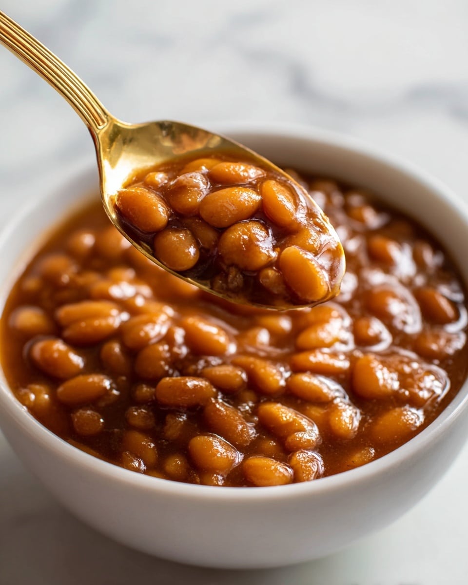 A close-up view of a white bowl filled with thick baked beans in a rich, glossy brown sauce, showing many small oval beans coated evenly. A golden spoon lifts a spoonful of the beans, highlighting their shiny texture and the thick sauce holding them together. The bowl sits on a white marbled surface with soft lighting, emphasizing the deep color and smooth texture of the beans and sauce. photo taken with an iphone --ar 4:5 --v 7