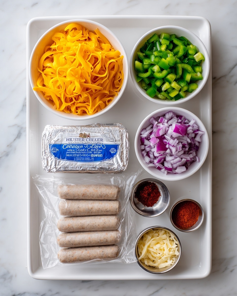 A white rectangular tray on a white marbled surface holds six items arranged neatly: on the top left, a white bowl filled with bright yellow shredded cheese curls; on the top right, another white bowl with small diced green bell peppers; below the cheese, a rectangular silver block of wrapped cream cheese with blue text on it; below the cream cheese, a vacuum-sealed pack containing four light brown sausages; to the right of the sausages, a white bowl filled with finely chopped red onions showing a a mix of purple and white pieces; below the red onions, a small metal cup with deep red paprika powder; and finally, at the bottom right corner, a small metal cup with minced pale yellow garlic. The photo taken with an iphone --ar 4:5 --v 7
