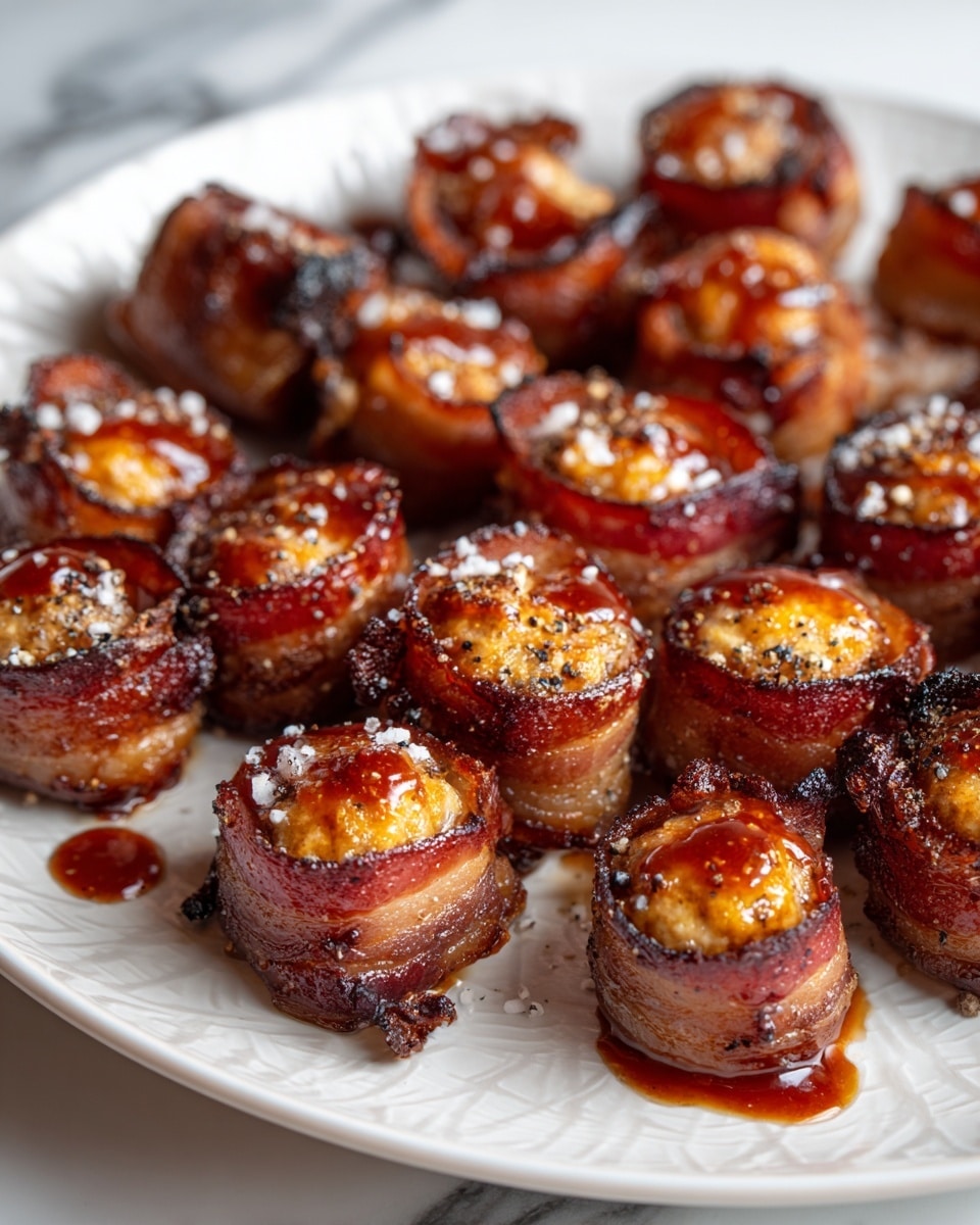 The image shows many small round pieces of food arranged close together on a white plate with light patterns. Each piece has two layers: the bottom layer is a tightly wrapped strip of crispy dark brown bacon, and the top layer is a golden-brown cooked filling with a slightly rough texture, drizzled with a shiny reddish-brown sauce that looks sticky. The bacon edges are curled, and the filling varies slightly in shape but fits inside the bacon wrap. Small specks of black pepper and salt are sprinkled on top, and the plate sits on a white marbled surface. photo taken with an iphone --ar 4:5 --v 7