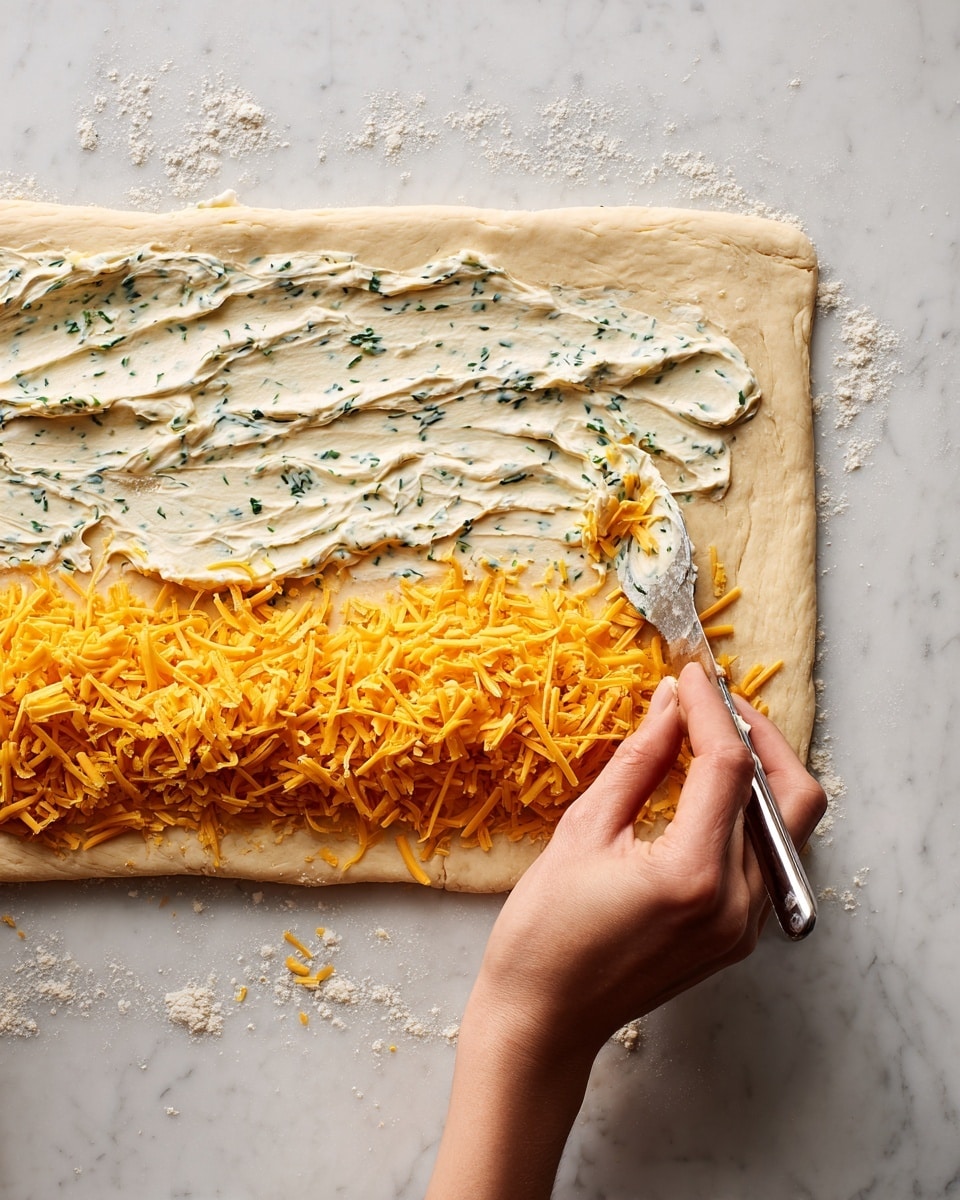The image shows two steps of making a layered dough dish on a white marbled surface. In the top part, a woman's hand holds a small spatula spreading a creamy, white layer with green herbs evenly over a large, rolled out dough sheet that is light beige and thin. In the bottom part, a woman's hand sprinkles bright orange shredded cheese across the same dough and creamy herb layer, adding a textured, colorful layer on top. The dough edges are uneven and dusted lightly with flour. Photo taken with an iphone --ar 4:5 --v 7