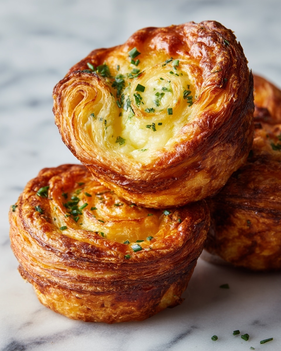 A golden brown pastry muffin with many thin flaky layers visible, stacked with another muffin showing the soft, light yellow, gooey cheese inside and some finely chopped green herbs on top. The pastry layers are crisp and tightly folded in a spiral shape, creating a fluffy texture. The muffins sit on a surface with a white marbled texture, making the warm color of the muffins stand out. Photo taken with an iphone --ar 4:5 --v 7