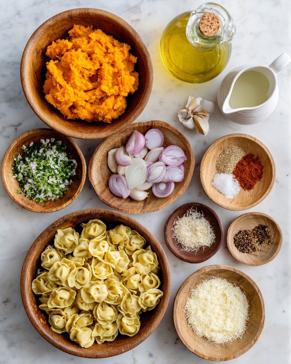 The image shows several bowls and glasses arranged on a white marbled surface, each holding different ingredients. Starting from the top center, there is a wooden bowl filled with bright orange mashed pumpkin. To the top right is a clear glass bottle with golden olive oil and next to it a white ceramic jug with a light cream liquid. Below the pumpkin bowl is a small wooden bowl with grated white cheese. Moving left to right at the middle left, a wooden plate holds chopped green herbs and thinly sliced shallots in pale purple and white. To the right of this is another wooden plate with seven small piles of spices and chopped garlic, including reddish flakes, and different brown, black, and white powders. On the bottom left is a small white bowl with shredded pale cheese. Finally, at the bottom center is a round brown bowl filled with uncooked, folded tortellini pasta in a light yellow color. photo taken with an iphone --ar 4:5 --v 7