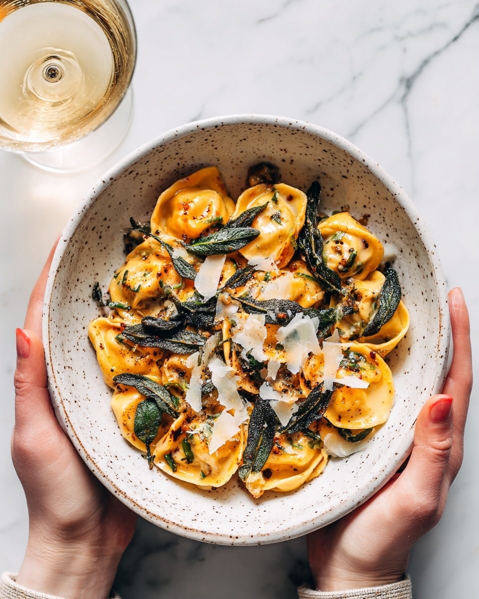 A white speckled bowl filled with orange pasta stuffed with filling, topped with dark green sage leaves and thin shavings of pale cheese scattered on top. The sauce appears creamy and smooth, coating the pasta well. The bowl is held by two woman's hands on each side, over a white marbled surface, with a glass of light-colored drink nearby. Photo taken with an iphone --ar 4:5 --v 7