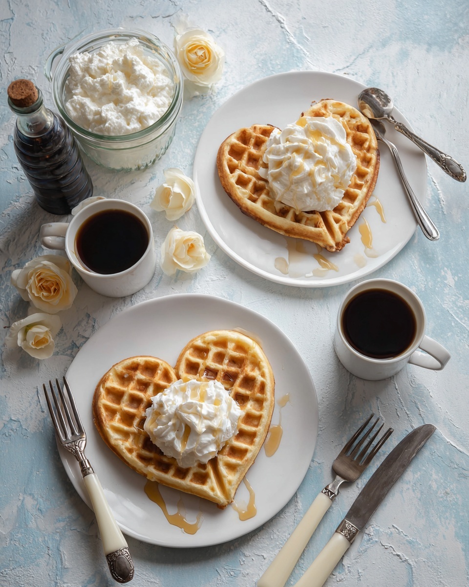 The image shows two white plates each with a heart-shaped waffle consisting of five segments, golden brown in color with a grid texture. One plate holds a single waffle topped with a dollop of whipped cream or a creamy topping drizzled with syrup, while the other plate has a plain waffle. There are two small white cups filled with black coffee nearby. A white bowl filled with a fluffy white cream sits next to a vintage silver spoon. A glass bottle with a dark cap is positioned on the left side, along with a small glass jar topped with pale yellow rose petals. Three pieces of cutlery—two forks and one knife with cream handles—are placed at the bottom on a blue textured surface. The background is changed to a white marbled texture photo taken with an iphone --ar 4:5 --v 7