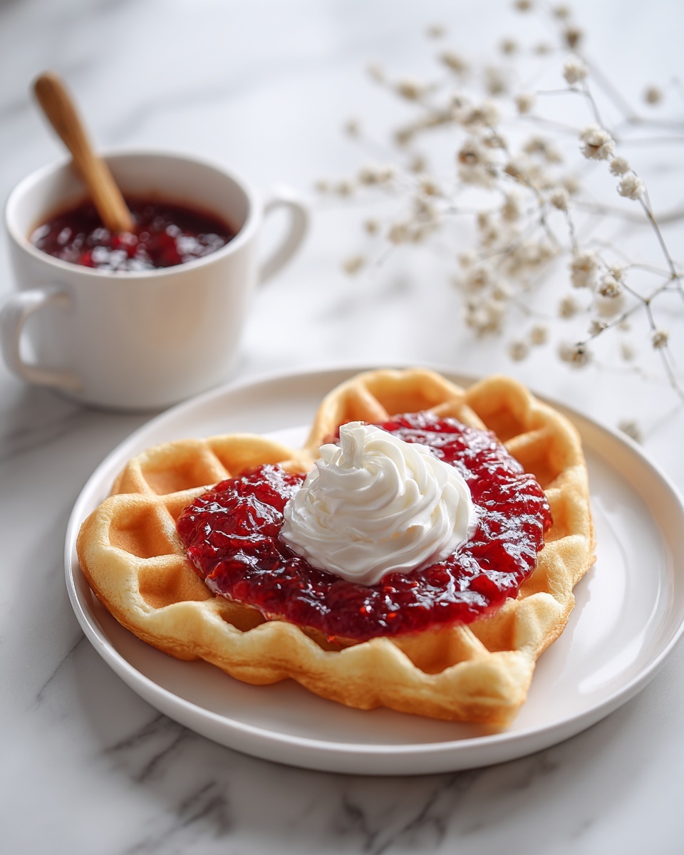 A single heart-shaped waffle with a golden brown color sits on a white plate, placed on a white marbled surface. On top of the waffle, there are two main layers: a ring of bright red berry jam with a chunky texture spreads in a circle near the center, and a dollop of smooth, white whipped cream sits in the middle of the jam. In the background, a white cup holds more red berry jam with a small wooden spoon resting inside. There is also a delicate branch with small white flowers out of focus behind the plate. Photo taken with an iphone --ar 4:5 --v 7