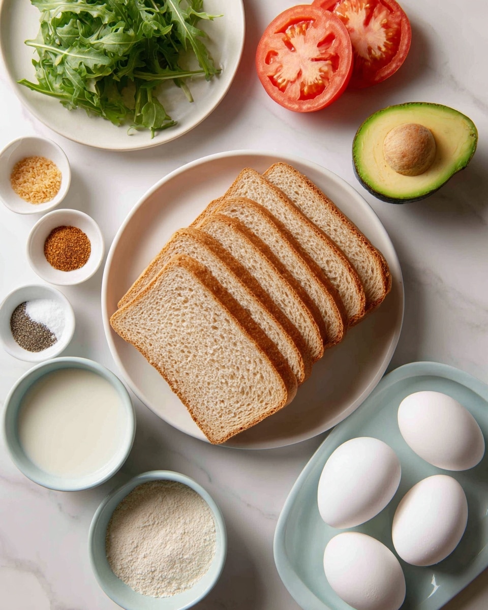 A white plate holds five slices of light brown bread arranged in a neat row, each slice showing a soft, porous texture. Above that plate, another white plate displays green arugula leaves on the left, three slices of red tomato on the top right, and half an avocado with a yellow-green flesh and brown seed on the far right. To the right side, a light blue bowl contains four white eggs, slightly stacked. Below that, another light blue bowl is filled with white milk, and next to it, a small light blue bowl contains a powdery white ingredient. At the bottom left, a tiny light blue bowl holds three types of seasoning, including black, white, and yellow spices. All dishes rest on a white marbled surface. Photo taken with an iphone --ar 4:5 --v 7