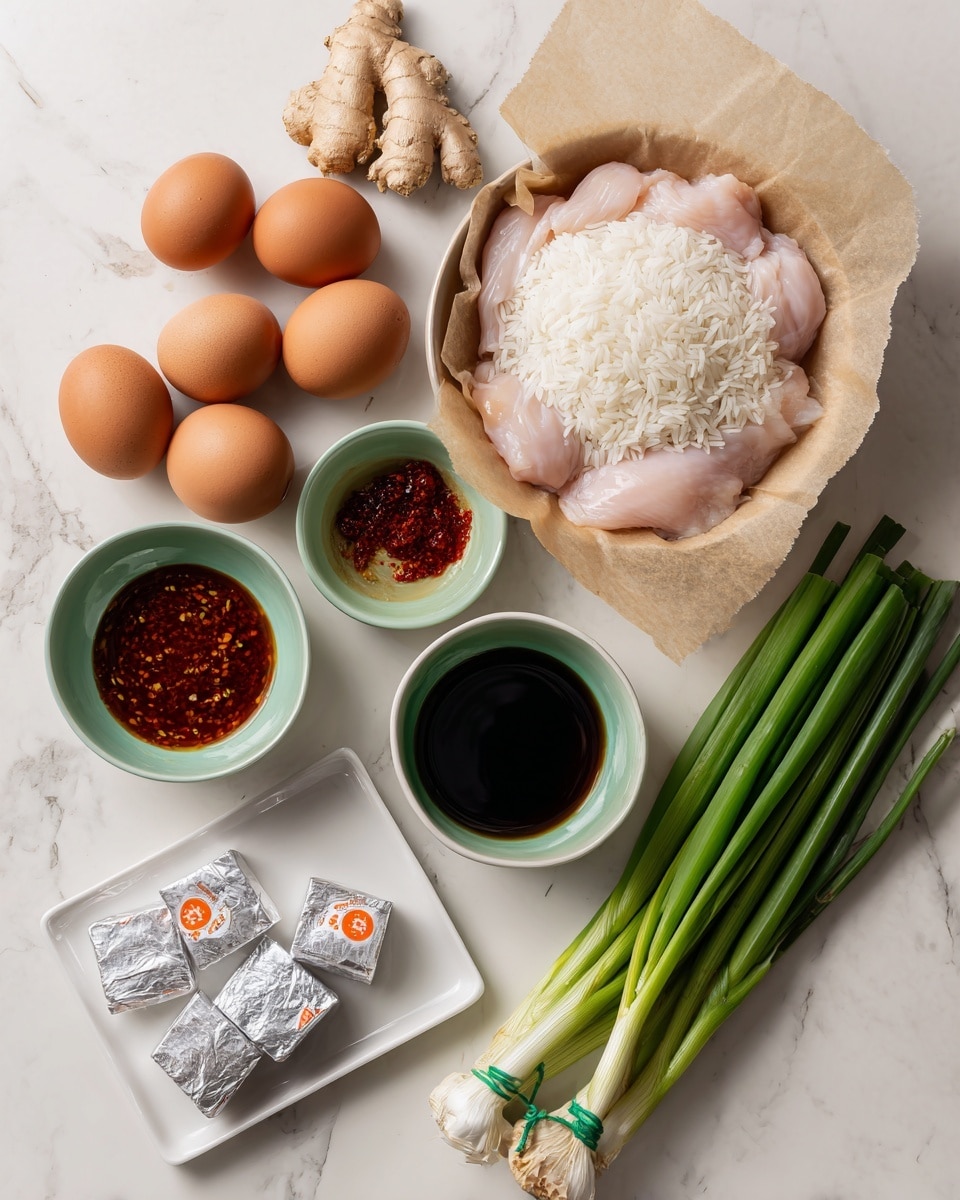 The image shows ingredients neatly arranged on a white marbled surface. On the left side, there are four brown eggs, a piece of light beige ginger root, and some garlic cloves. Above these, a large light green bowl filled with white rice grains is visible. Below the rice bowl, there are two smaller light green bowls, one with a spicy red sauce and the other with a light brown spice. To the right of the rice, there is a round white bowl lined with brown parchment paper holding five pale pink raw pieces of chicken. Next to the chicken, a bunch of fresh, bright green long onion stalks is tied with a green elastic band. Above the onion stalks, a small white rectangular plate holds two small round bowls, one light green and one white, both filled with dark soy sauce. Two small individually wrapped cubes in shiny silver wrapper with orange markings sit beside the soy sauce bowls. The ingredients are arranged evenly across the surface, presenting a clean and fresh look. photo taken with an iphone --ar 4:5 --v 7
